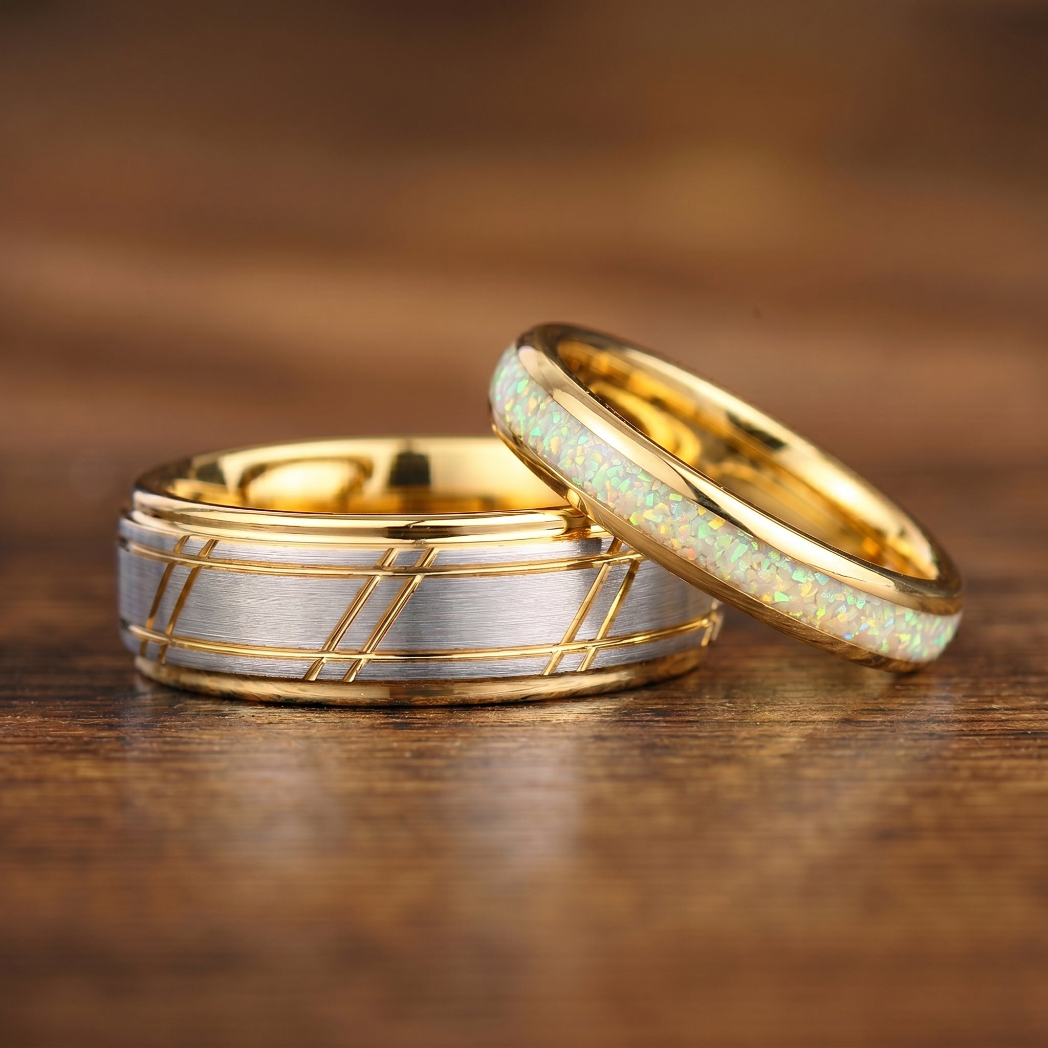 Female Wedding Rings Gold Opal Pair View