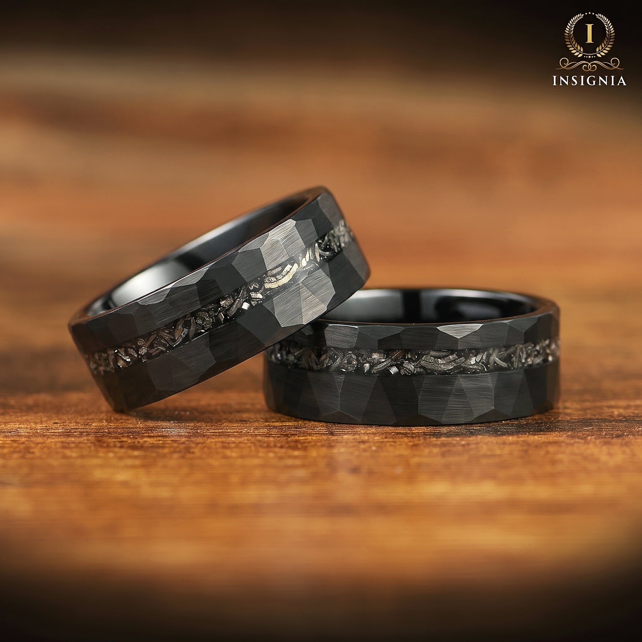 WEDDING RING SET REAL METEORITE TUNGSTEN CARBIDE BLACK (8/4 MM)