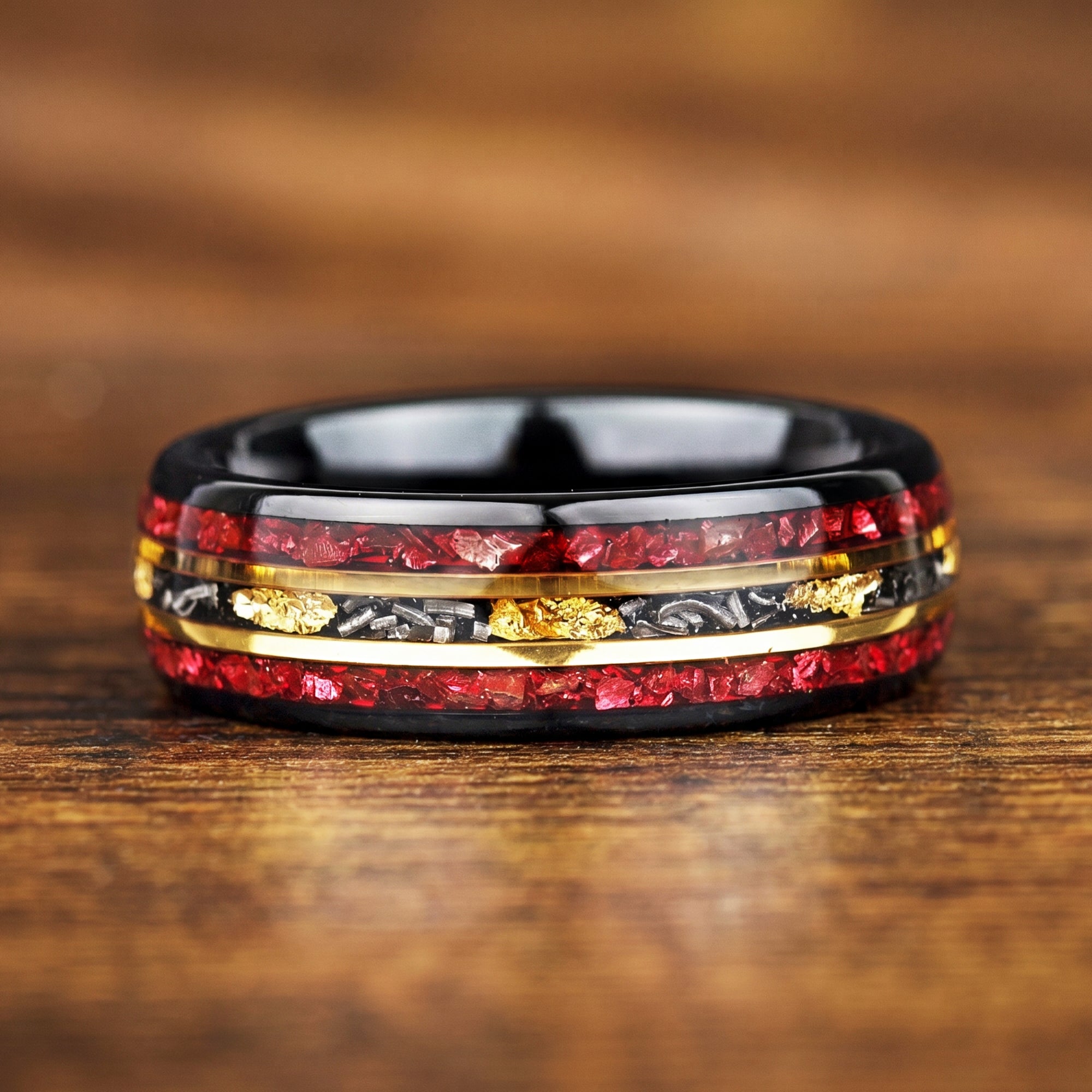 Garnet wedding band black tungsten ring with layered inlay design