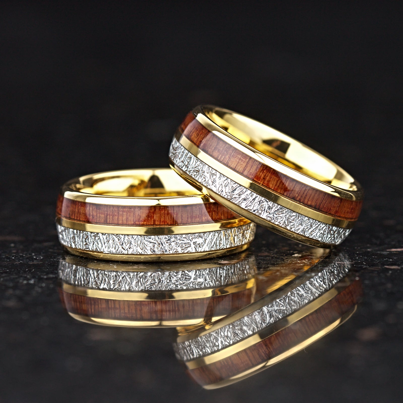 Gold engagement rings for male with wood inlay and polished finish