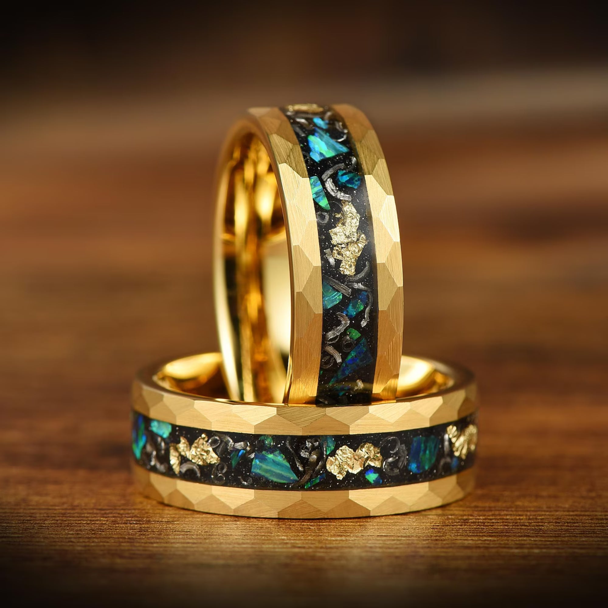 Gold mens ring 8mm width with opal inlay and textured edges