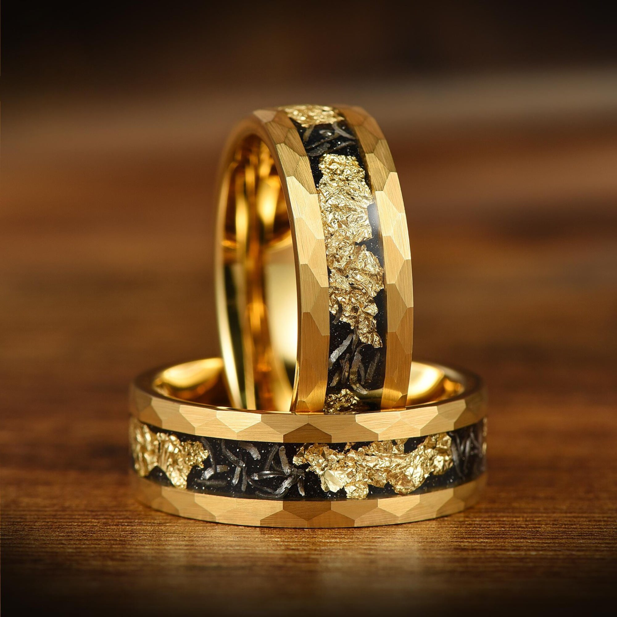 Gold mens ring 8mm width with faceted hammered edges and dark inlay