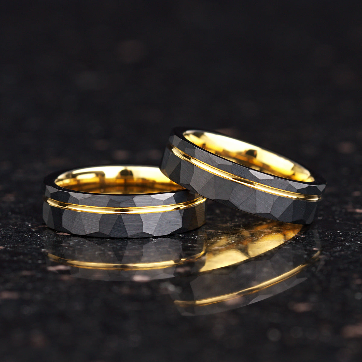 Gold Wedding Band Black Tungsten Design Highlighting the Striking Colour Contrast