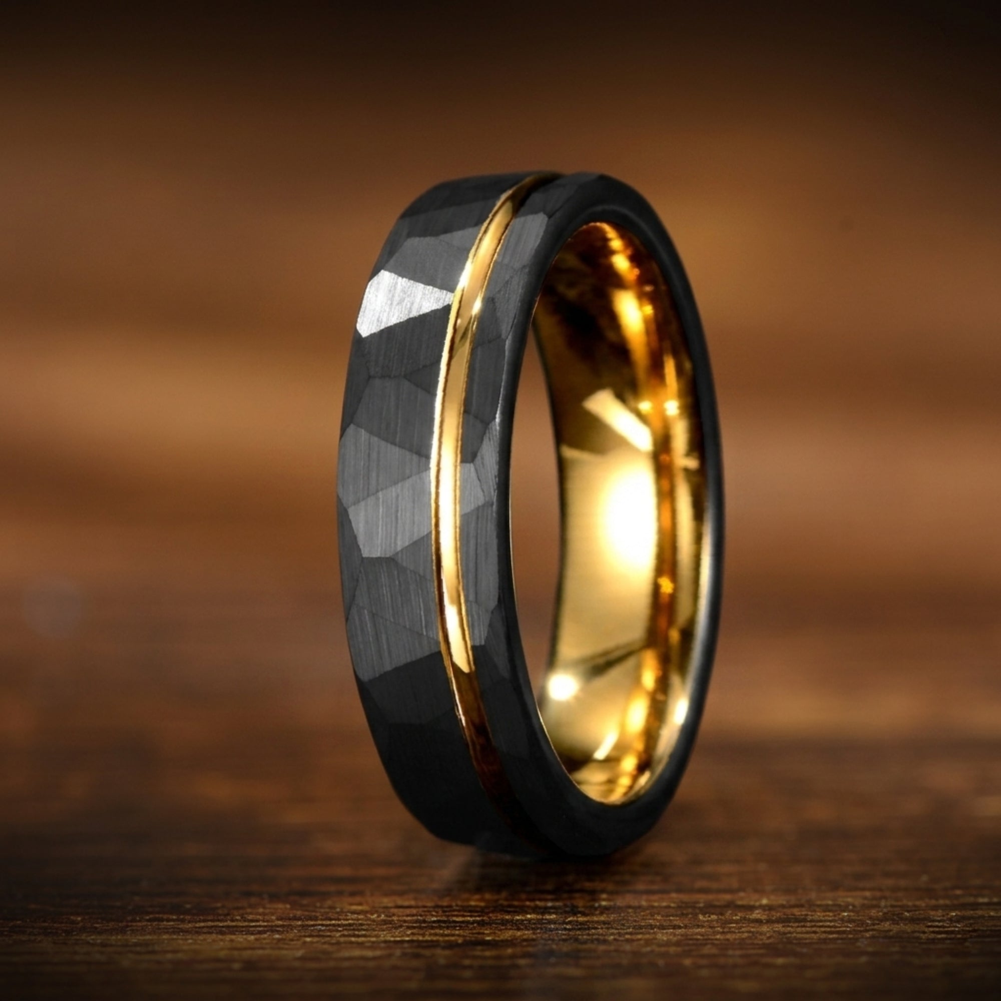 Gold Wedding Band Black Tungsten Detail View