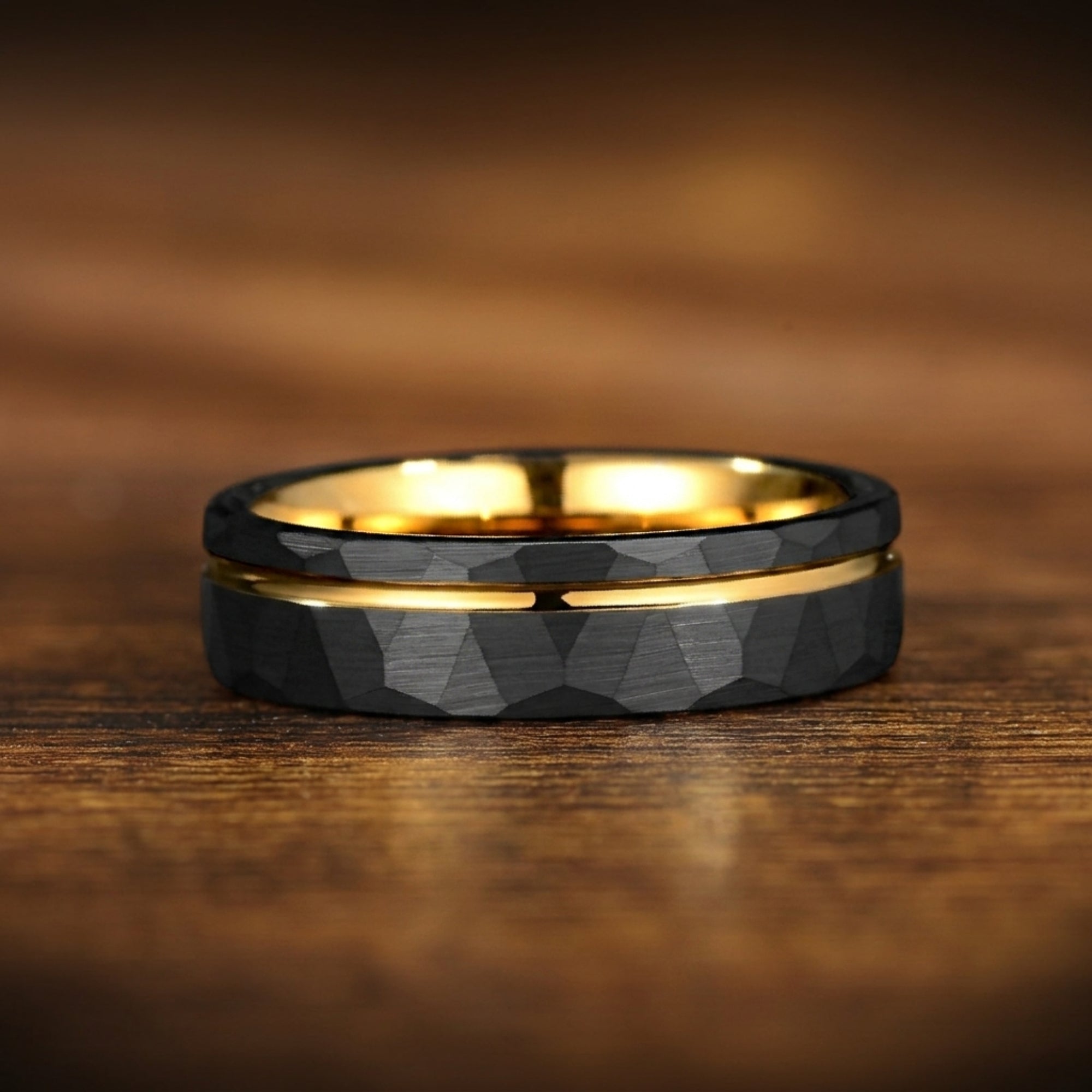 Gold Wedding Band Black Tungsten Flat Lay View