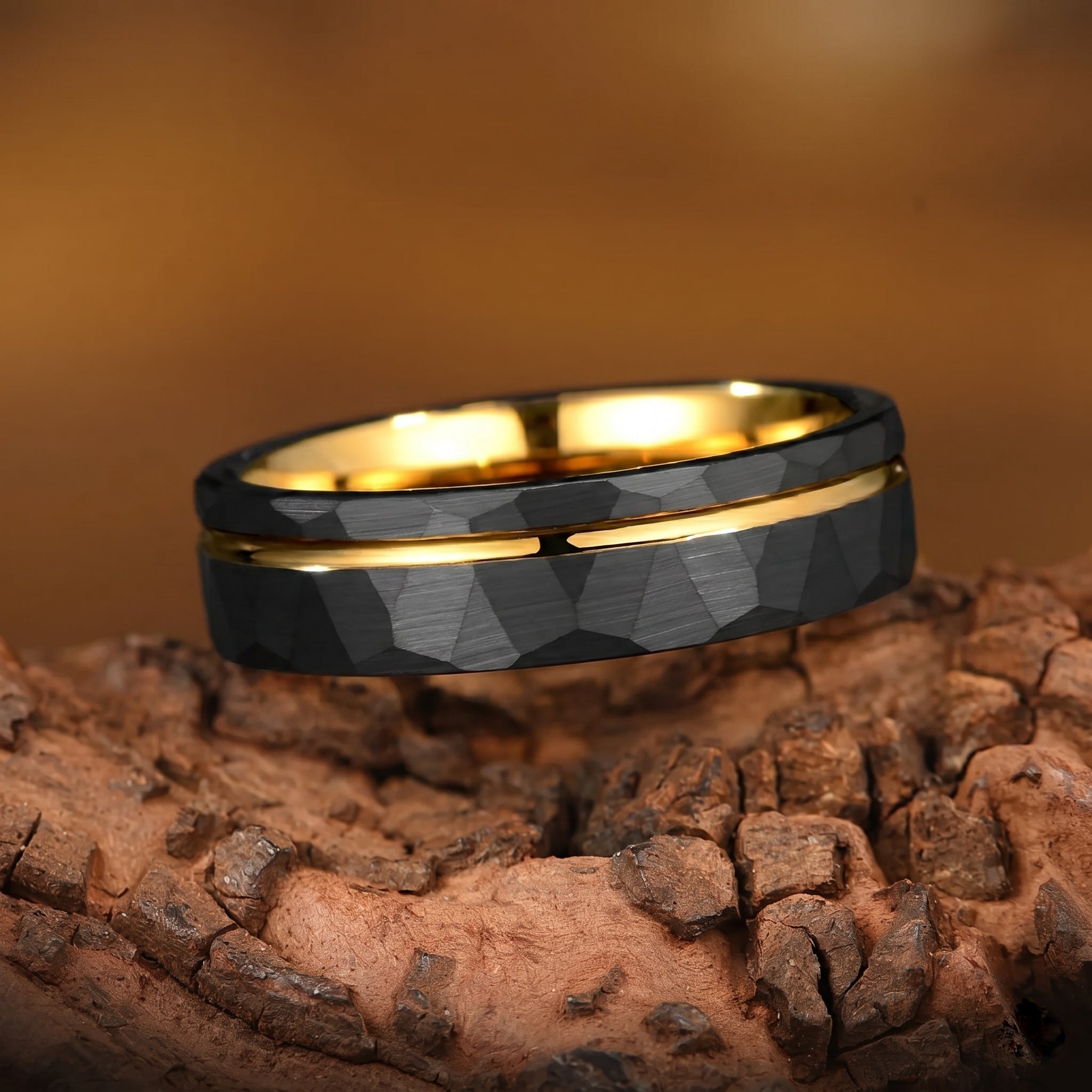 Gold Wedding Band Black Tungsten Front View