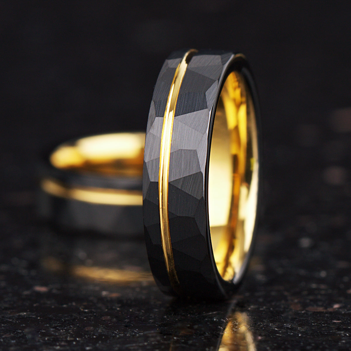 Gold Wedding Band Black Tungsten with Distinctive Gold Inlay Detail