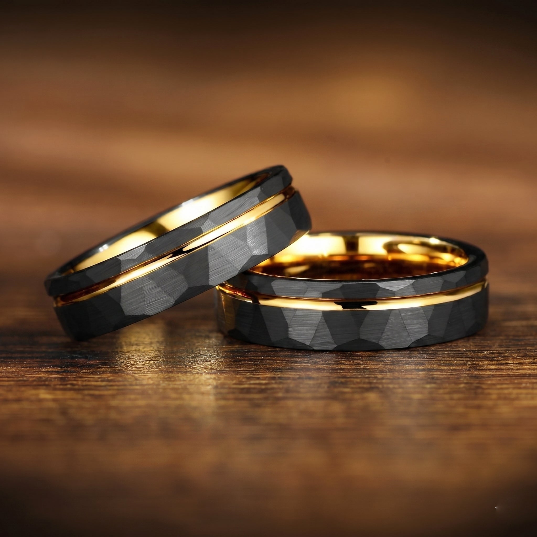 Gold Wedding Band Black Tungsten Stacked View