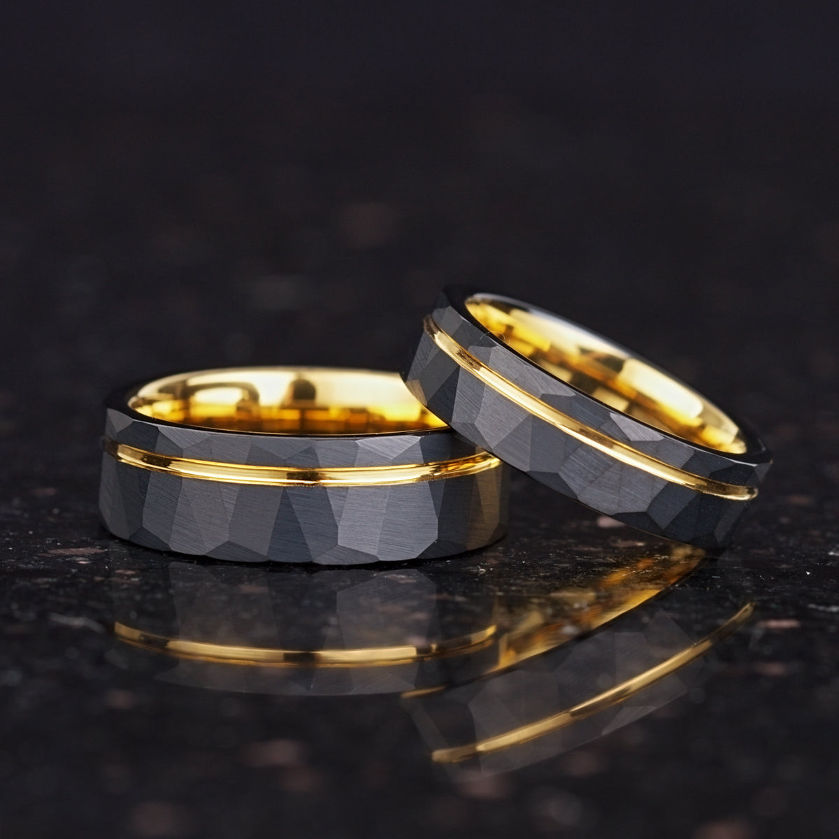 Gold Wedding Band Black Tungsten Showcasing Pair Set