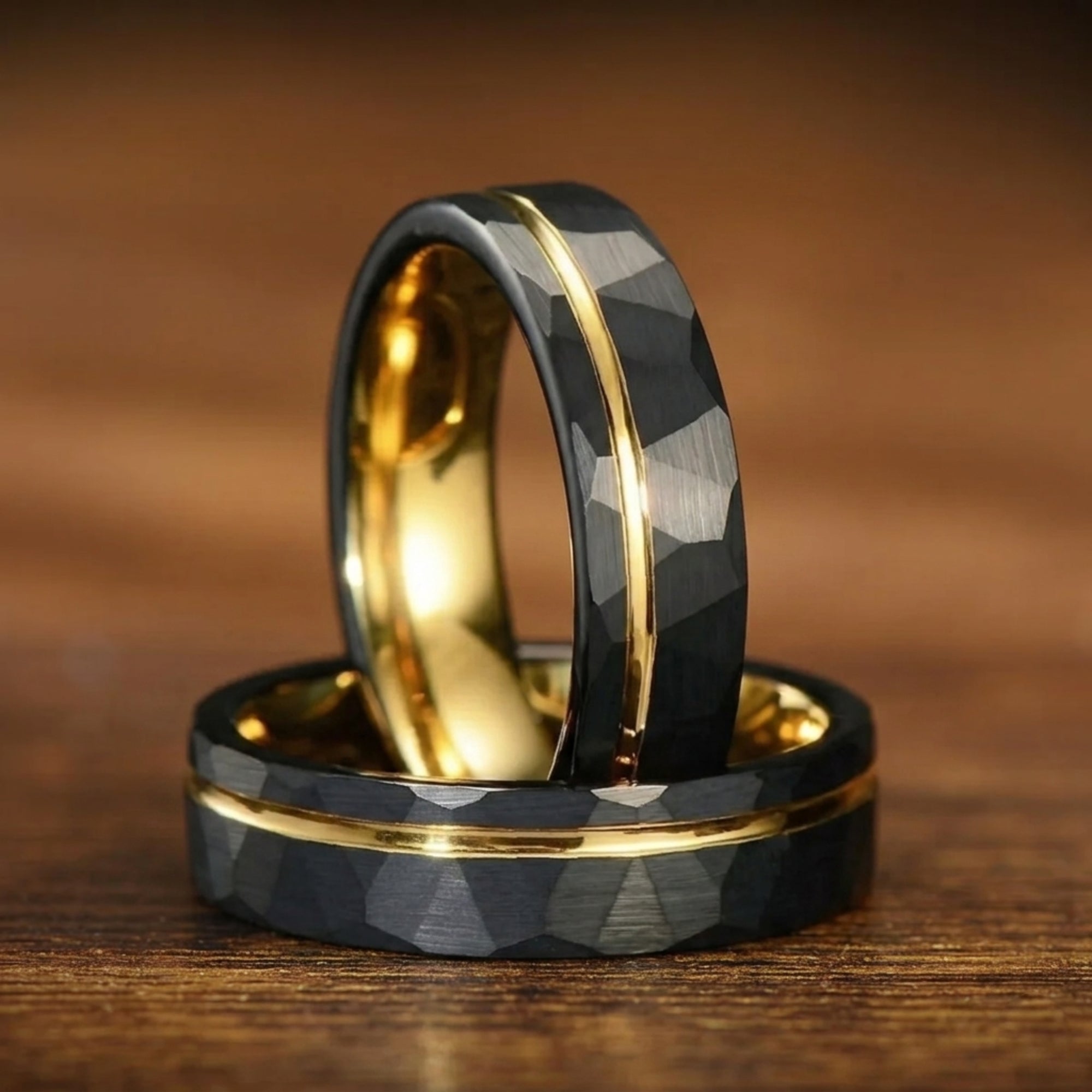 Gold Wedding Band Black Tungsten Texture Detail View