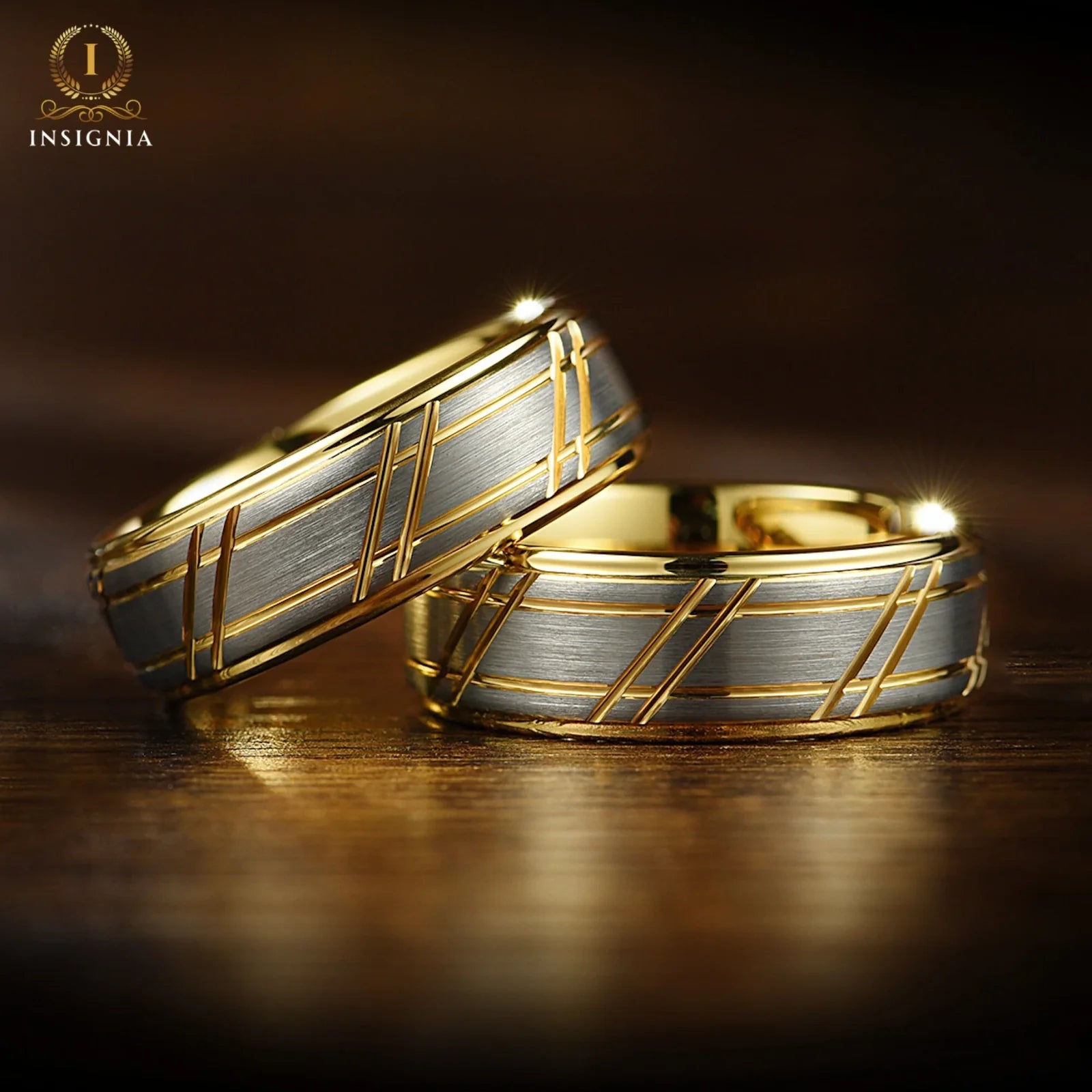 Gold wedding band sets with polished tungsten and opal design