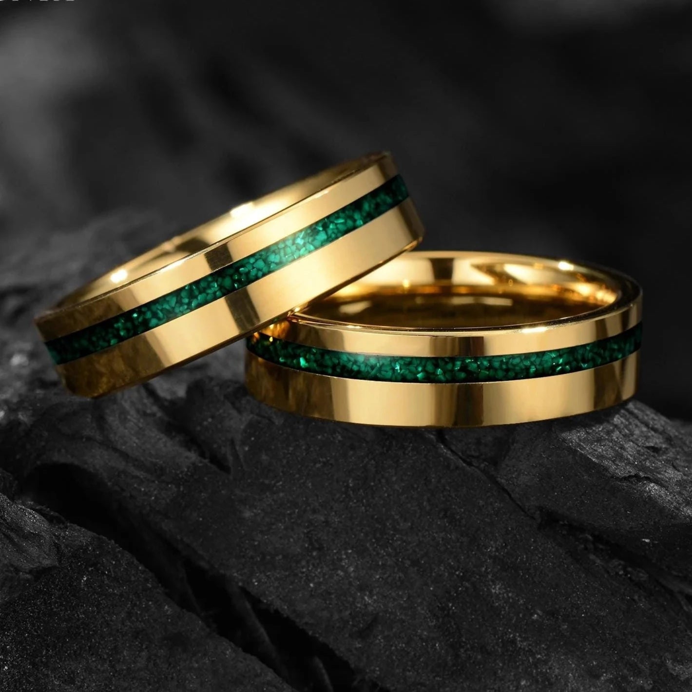 Gold Wedding Bands Malachite Close Up View