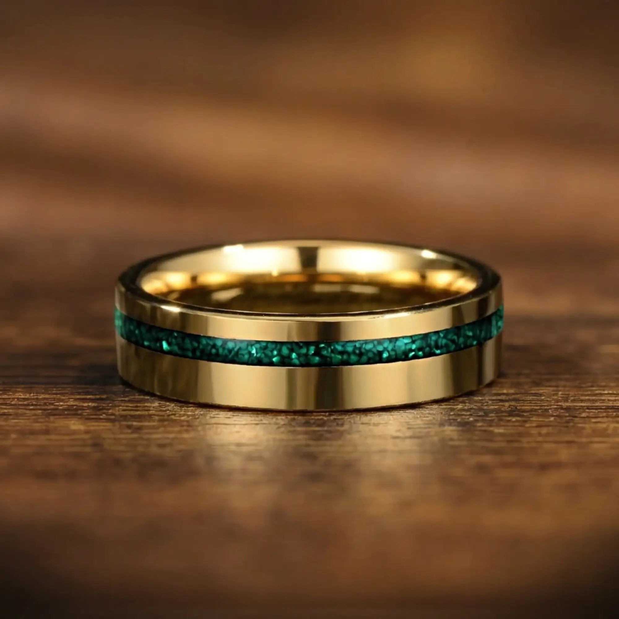 side Gold Wedding Bands Malachite Flat Lay View