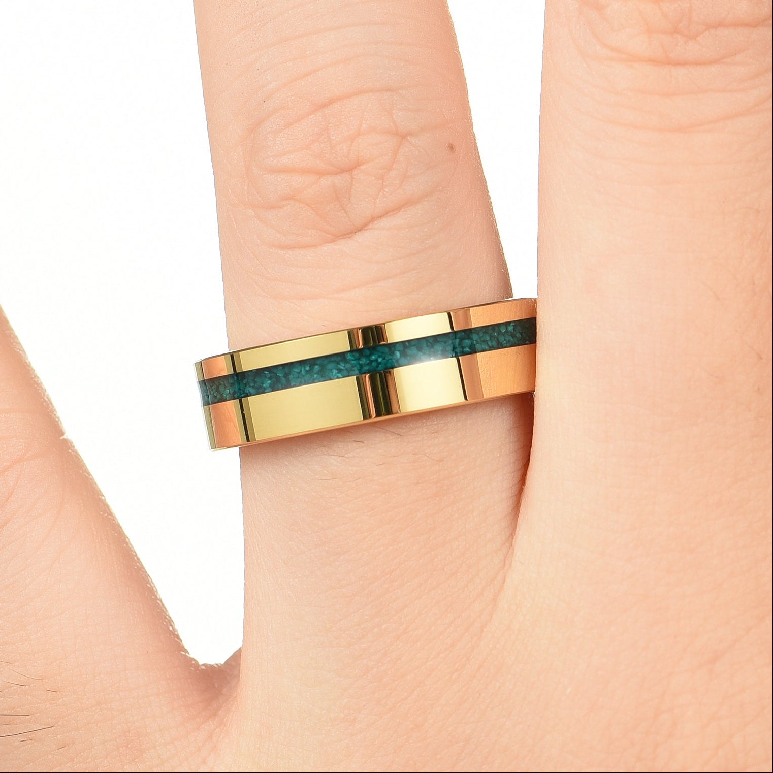 Gold Wedding Bands Malachite Hand View