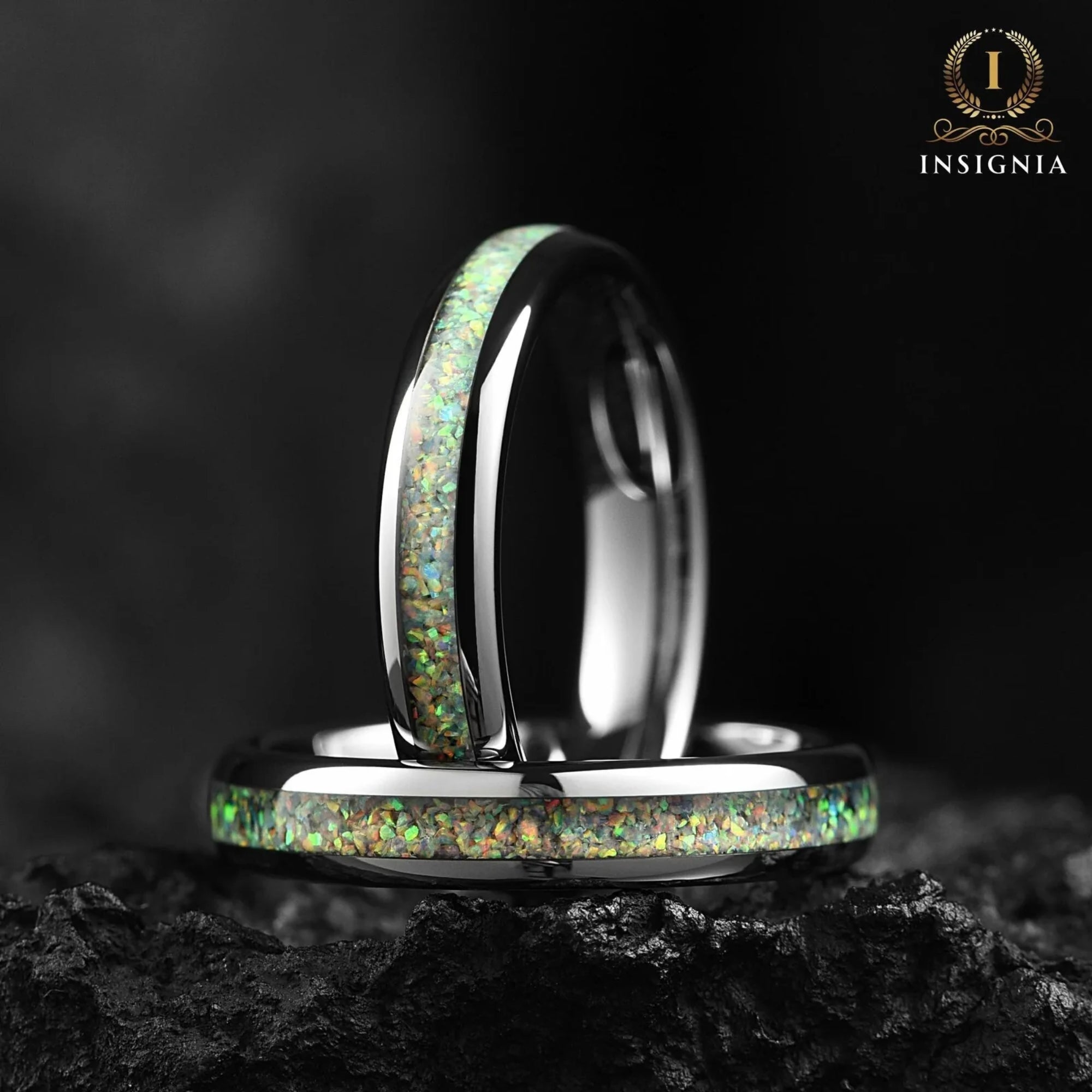 Green agate meteorite ring with layered natural materials