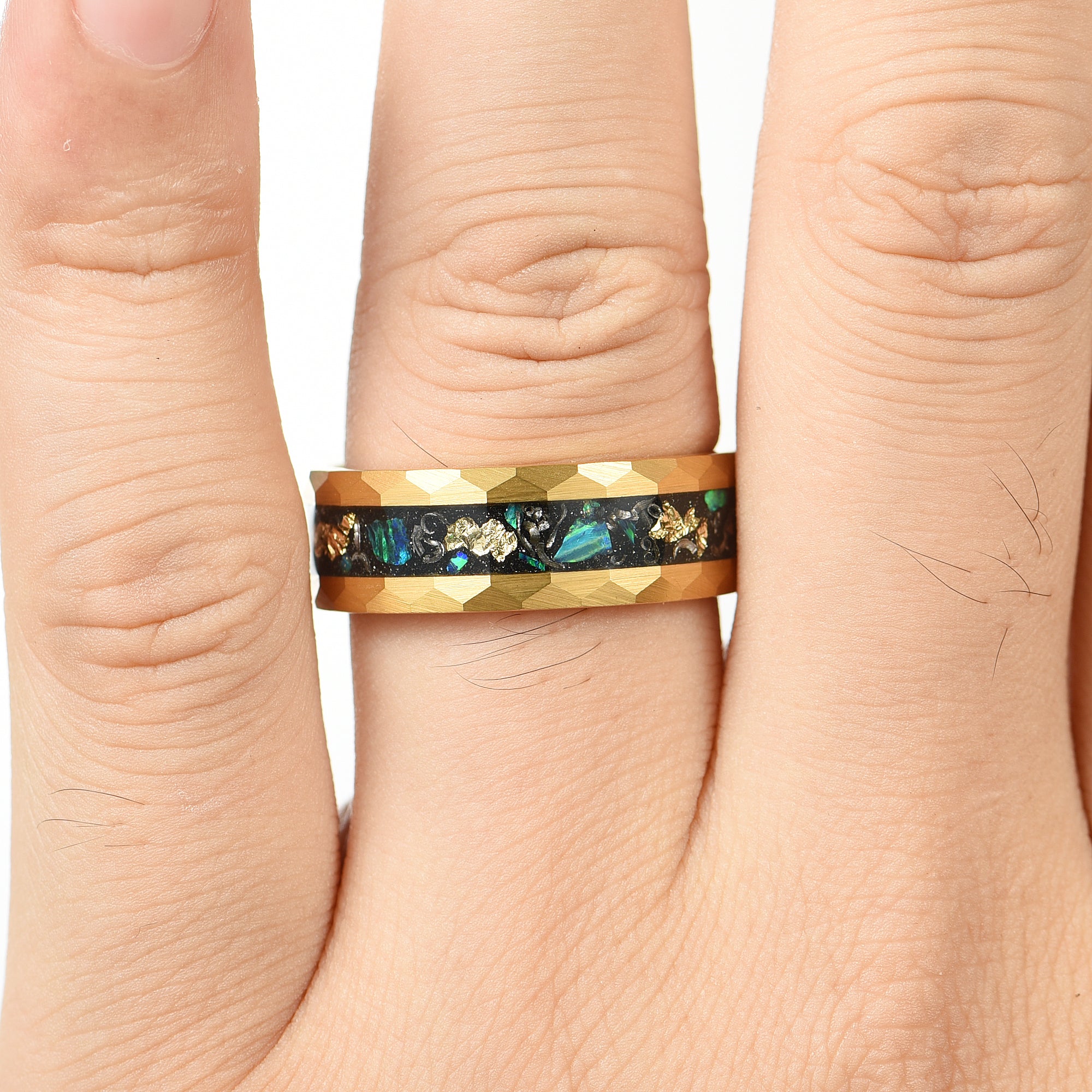 Guy gold ring with hammered 18K gold plated finish and opal inlay Male Hand Display