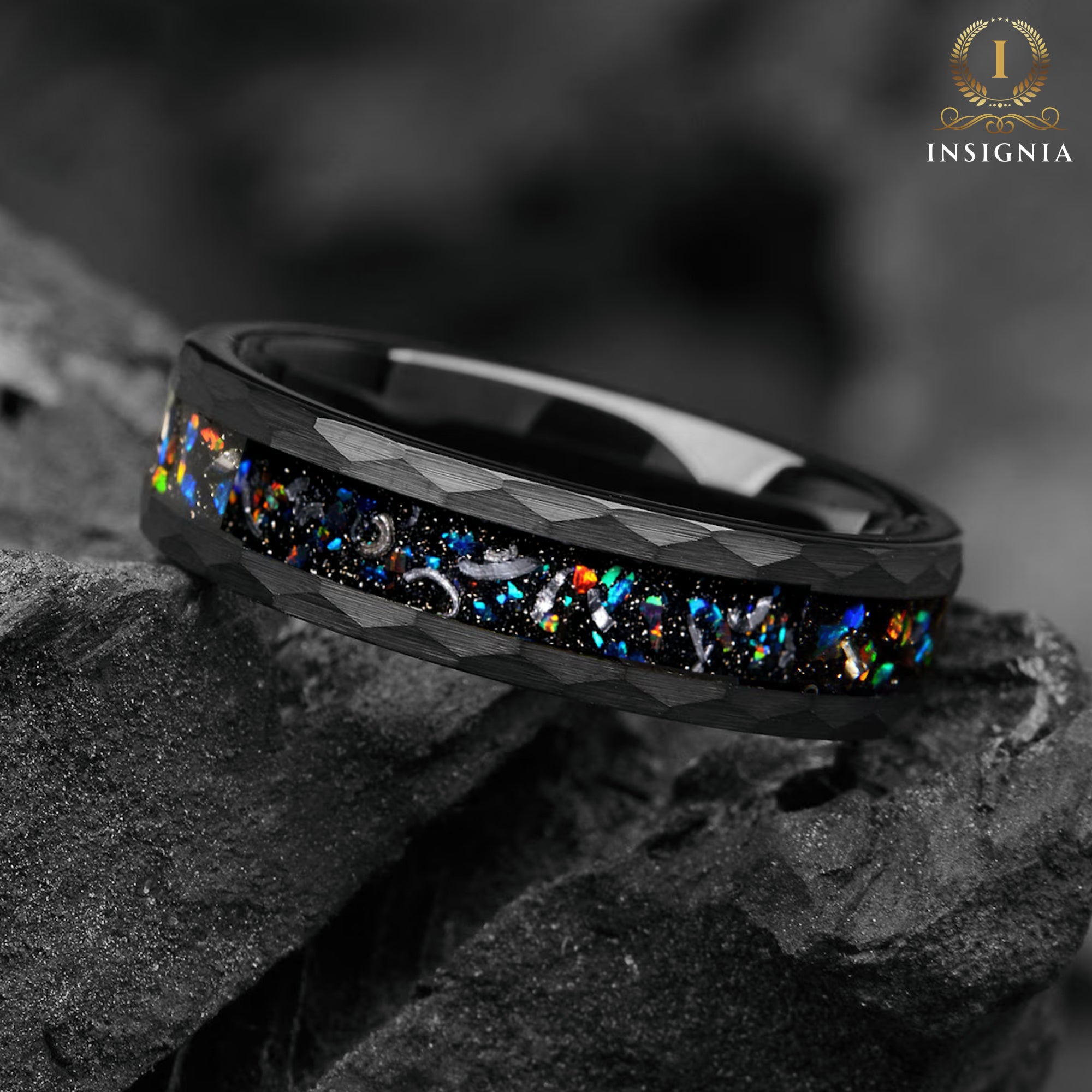 Hammered edge detail on his & hers meteorite wedding band set