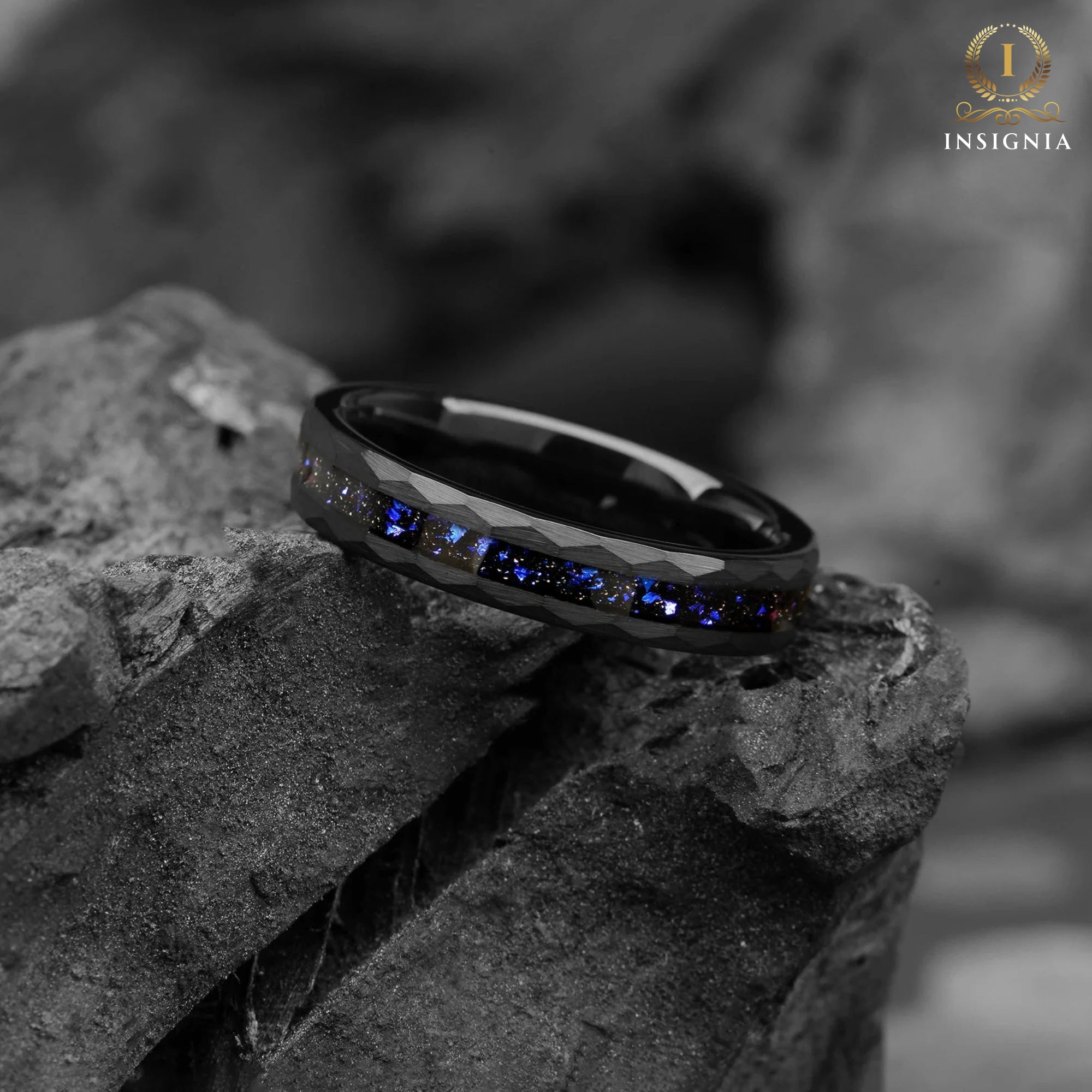 The Orion - Hammered Nebula Man Wedding Black Hammered Band 4mm, Anniversary Engagement Promise Blue Galaxy Cosmos Inlay Ring