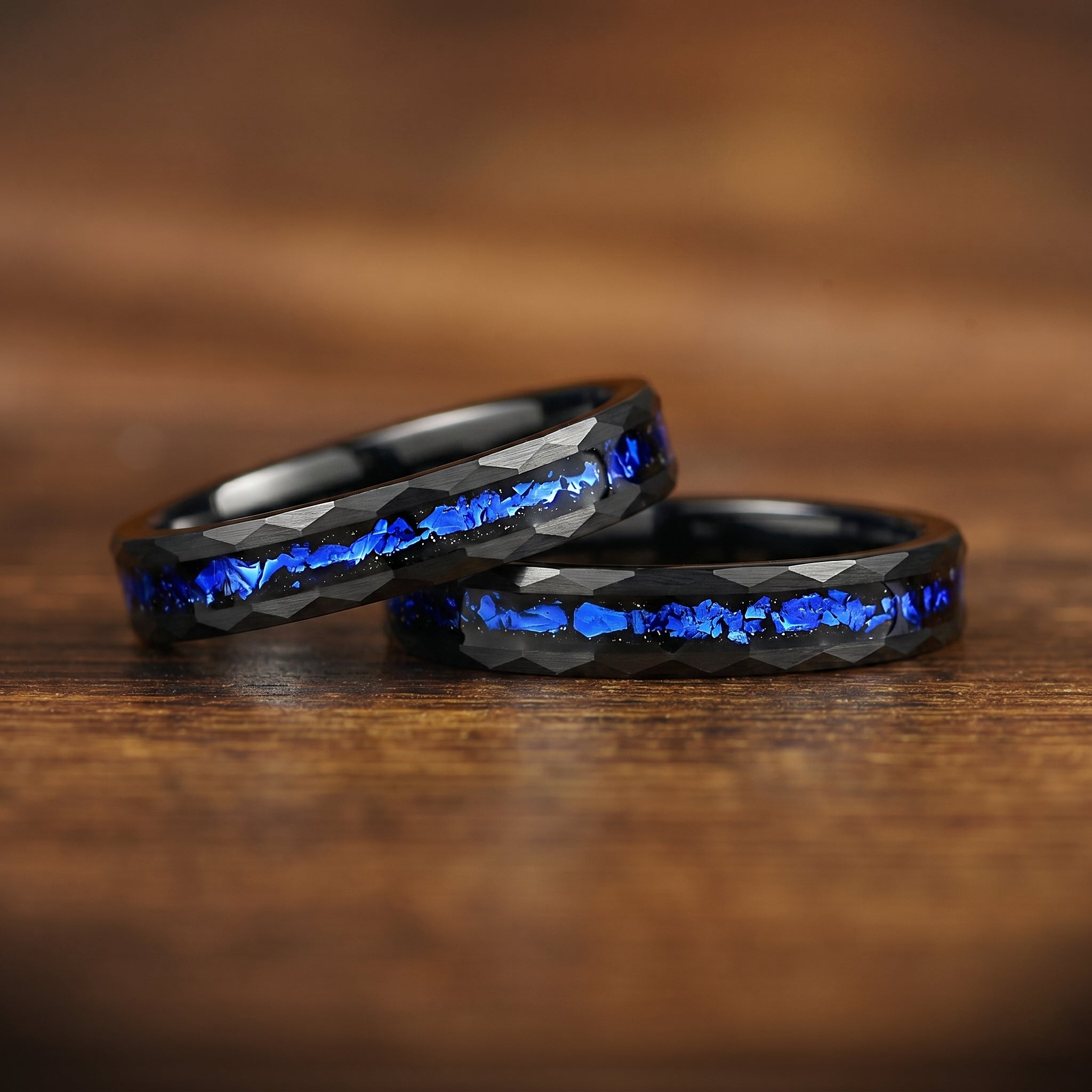 Hammered wedding band set with black tungsten and blue sandstone