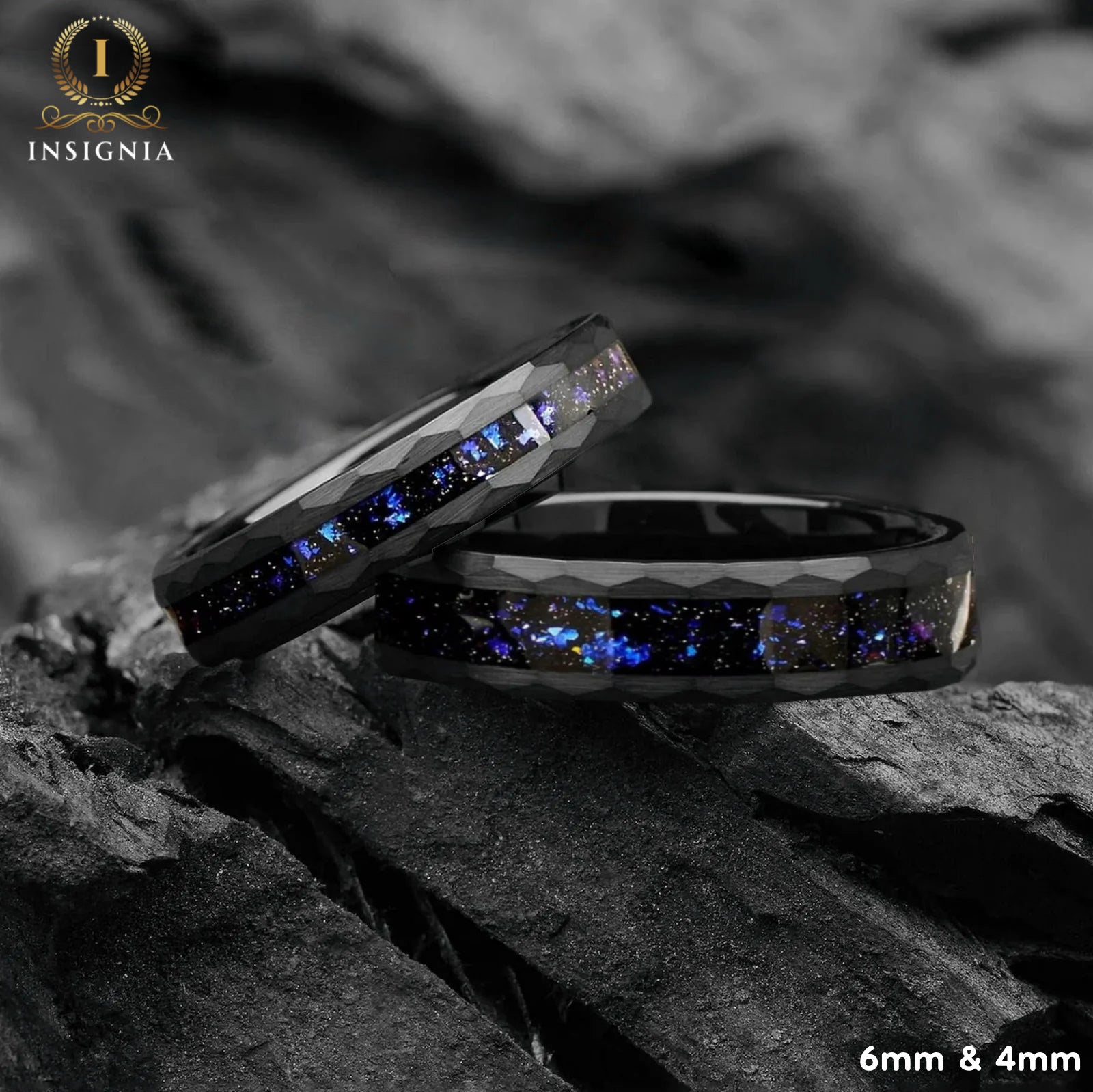 His and Hers Galaxy Space Nebula Couple Hammered Wedding Bands 4/6 mm -Tungsten Blue Sandstone Promise Rings for Couples - Matching Ring Set - INSIGNIA