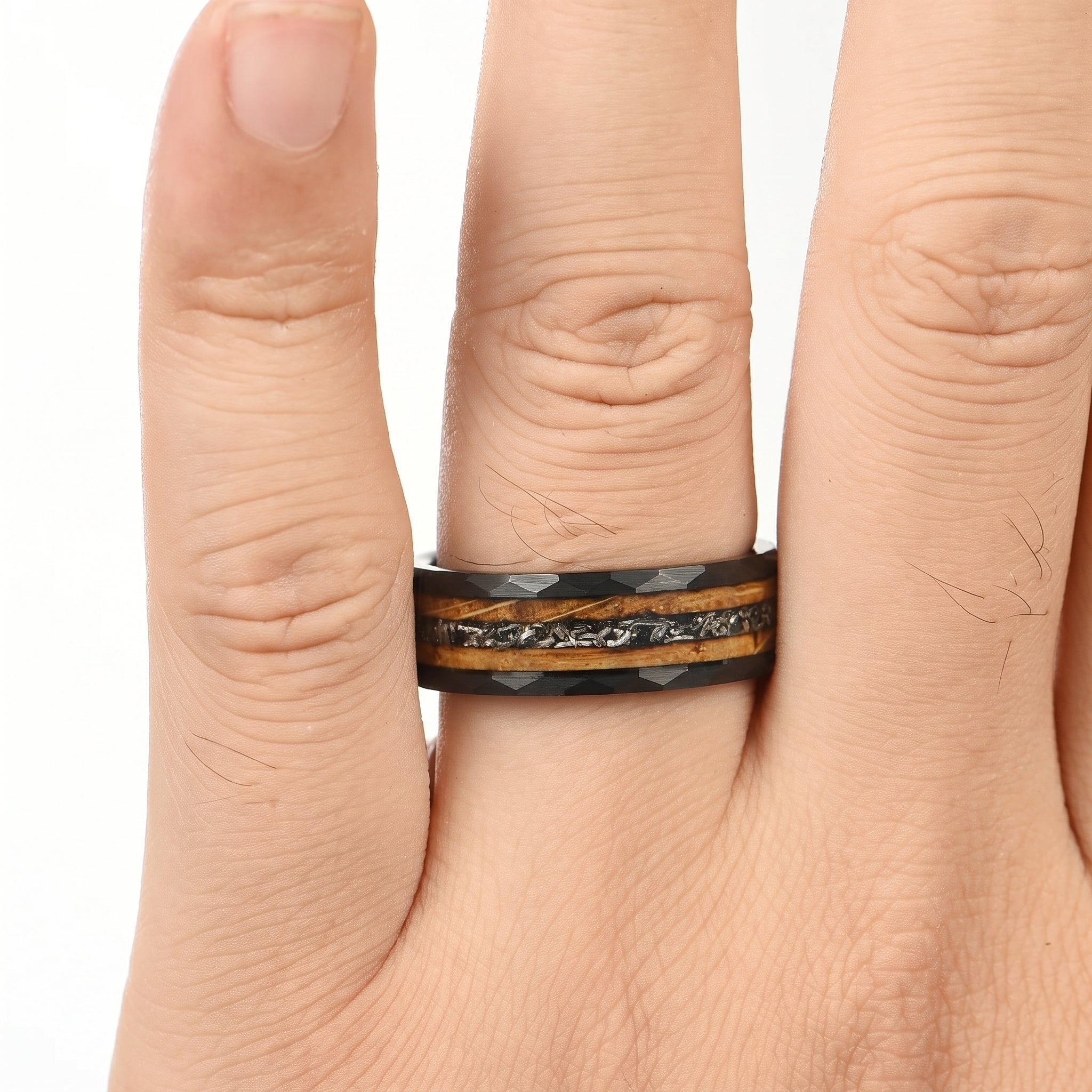 MALE WEDDING RING REAL METEORITE WHISKEY BARREL WOOD TUNGSTEN (8MM)
