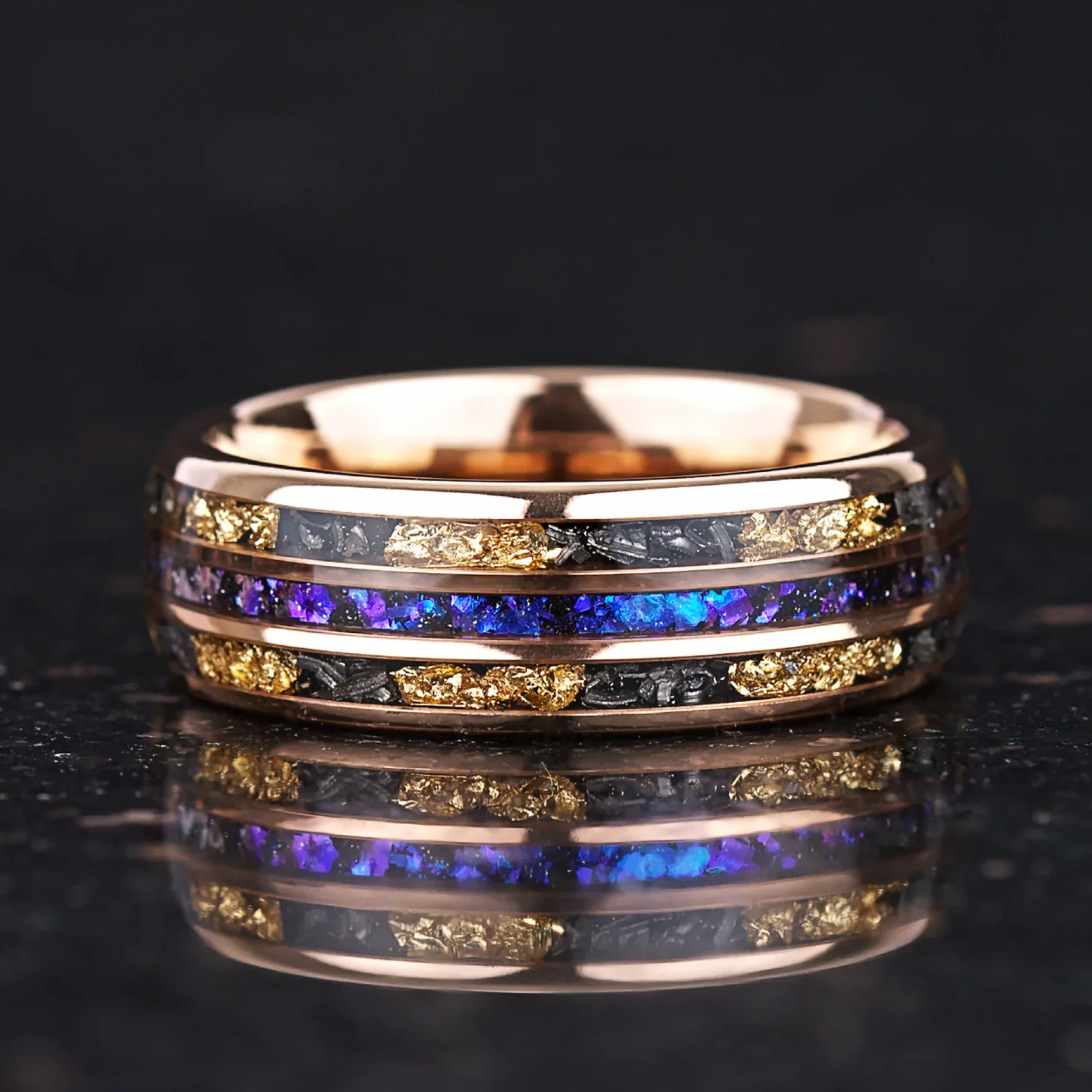 Hers and his rings with matching tungsten bands and meteorite detail