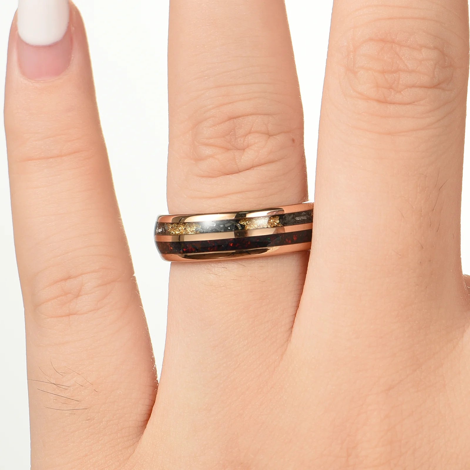 His and Hers Opal Wedding Rings with Meteorite Inlay Female Hand View