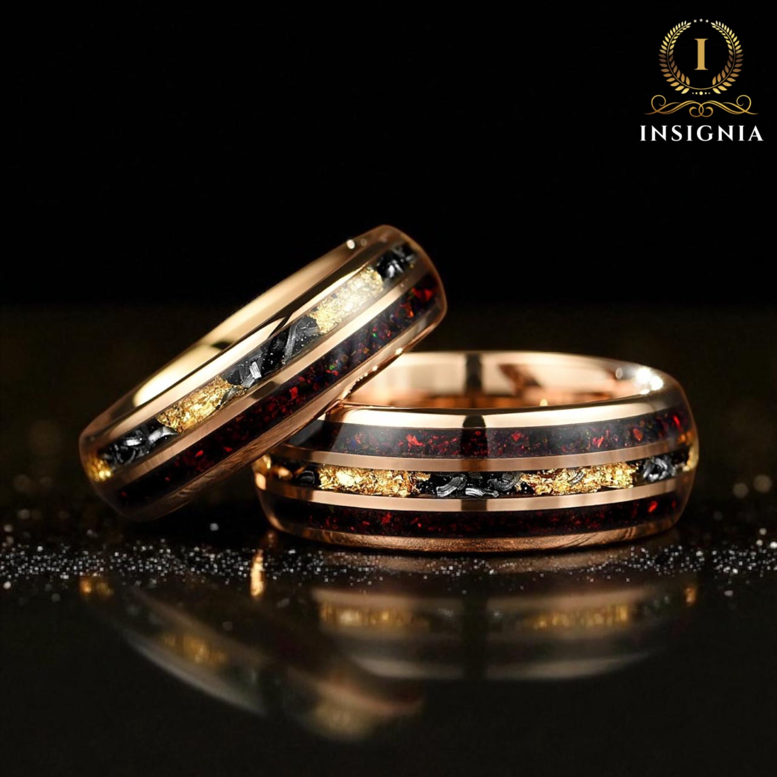 His and Hers Opal Wedding Rings with Meteorite Inlay Main View