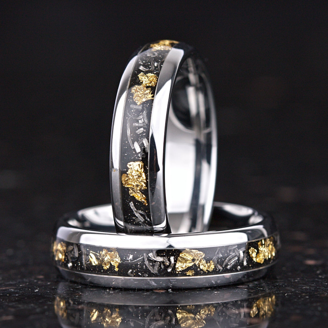 His and hers ring set with silver finish and authentic meteorite inlay