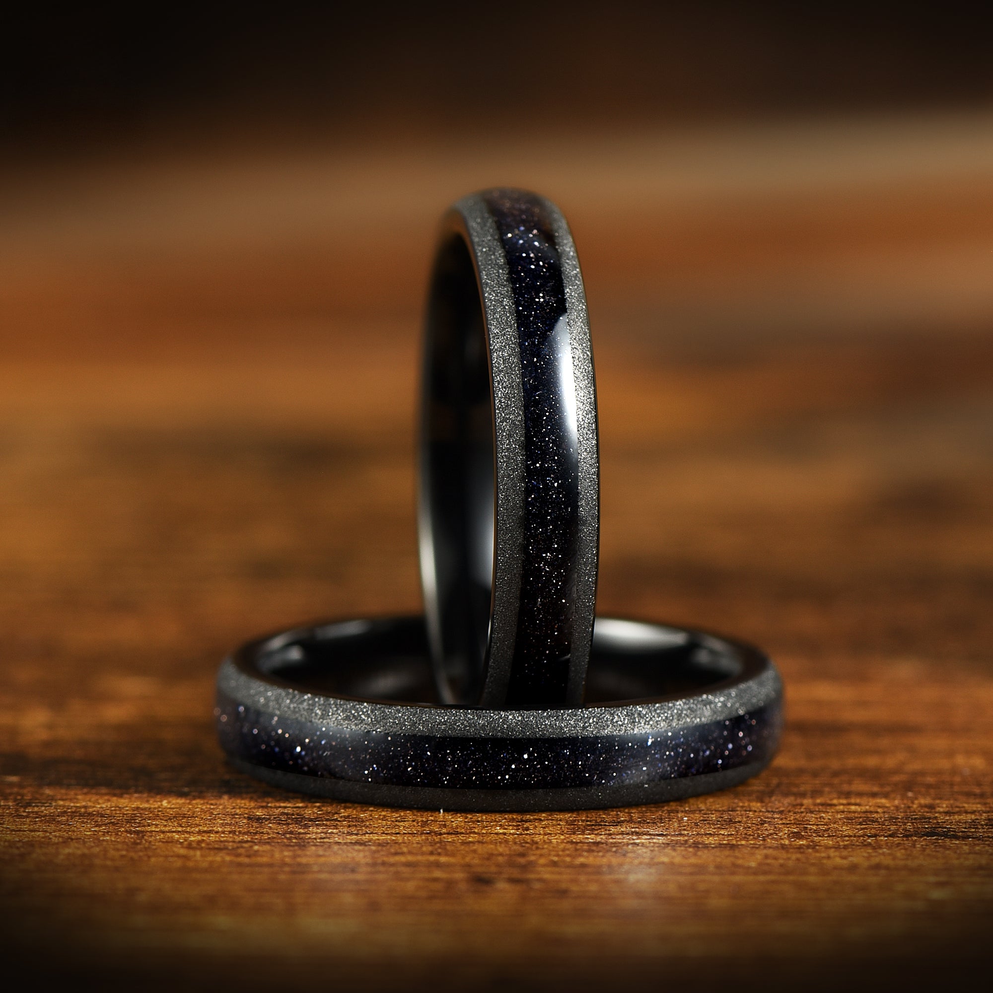 His and hers ring set nebula inspired black tungsten bands