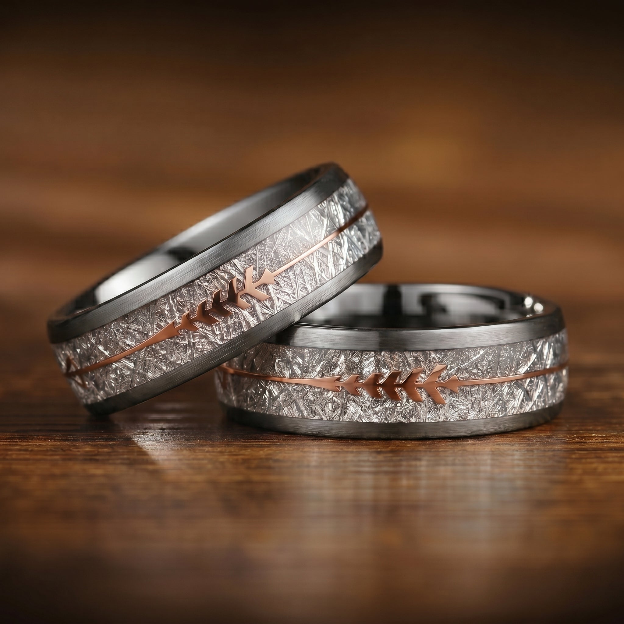 His and Hers Silver Rings Set with Meteorite Inlay in Tungsten Carbide Angled View