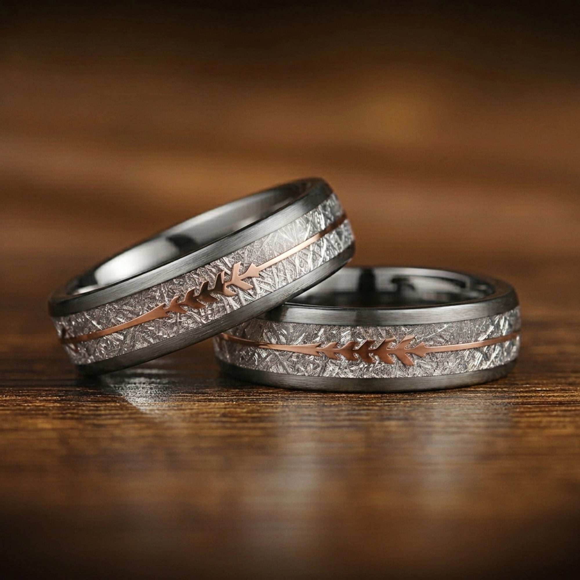 His and Hers Silver Rings Set with Meteorite Inlay in Tungsten Carbide Flat Lay View