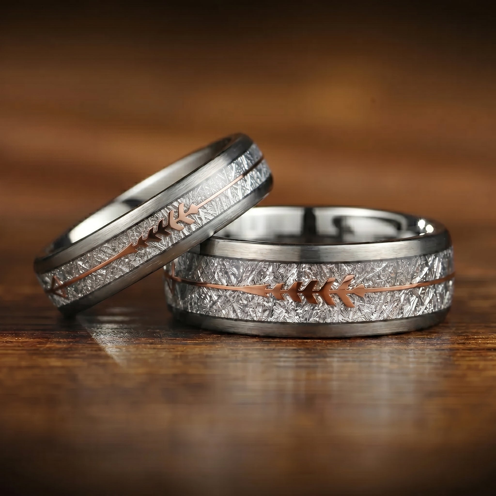 His and Hers Silver Rings Set with Meteorite Inlay in Tungsten Carbide Main View