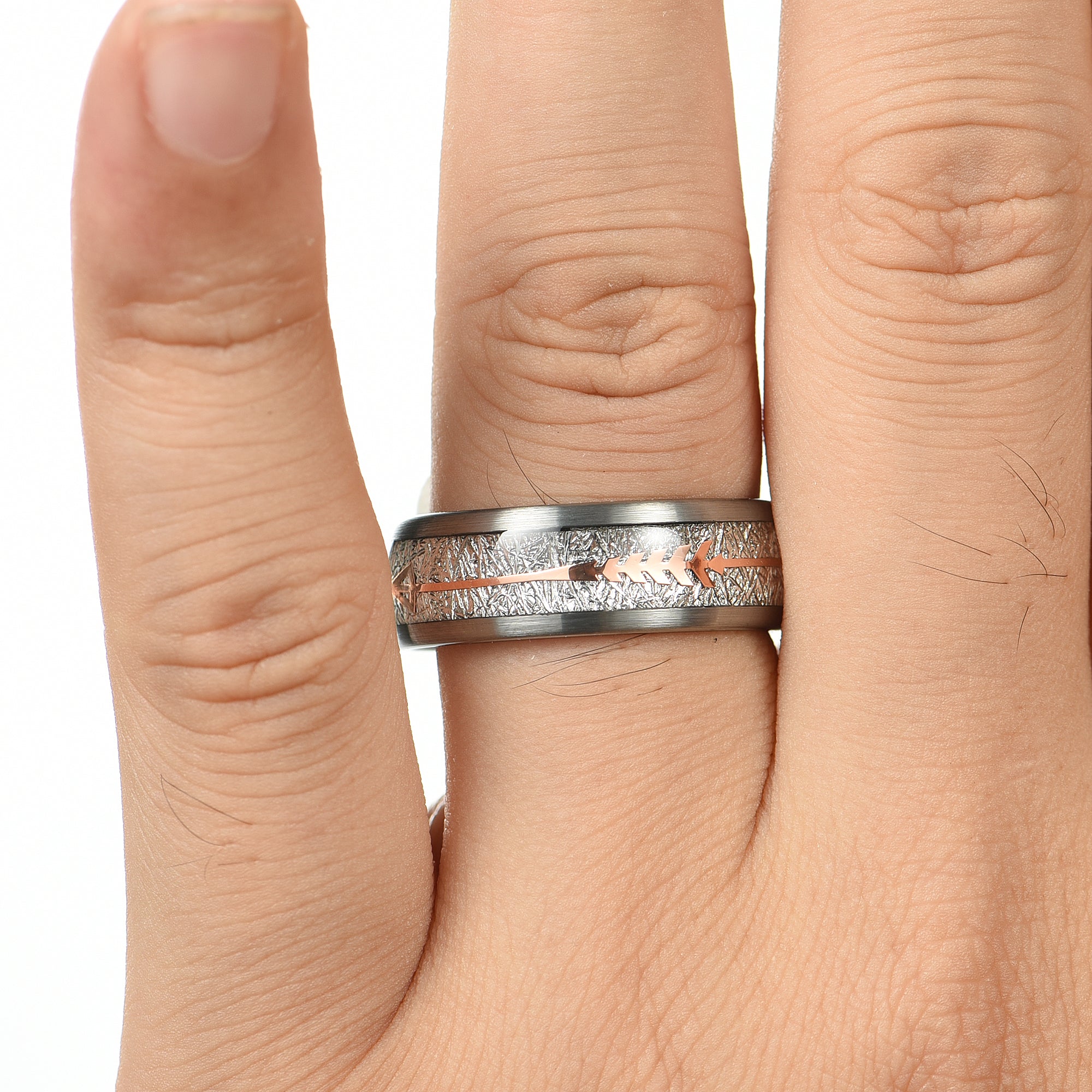 His and Hers Silver Rings Set with Meteorite Inlay in Tungsten Carbide Male Hand View