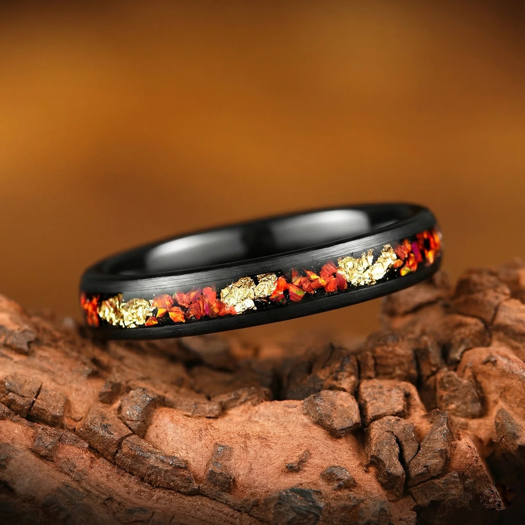 Female ring from his and her wedding ring sets black with fire opal tungsten band