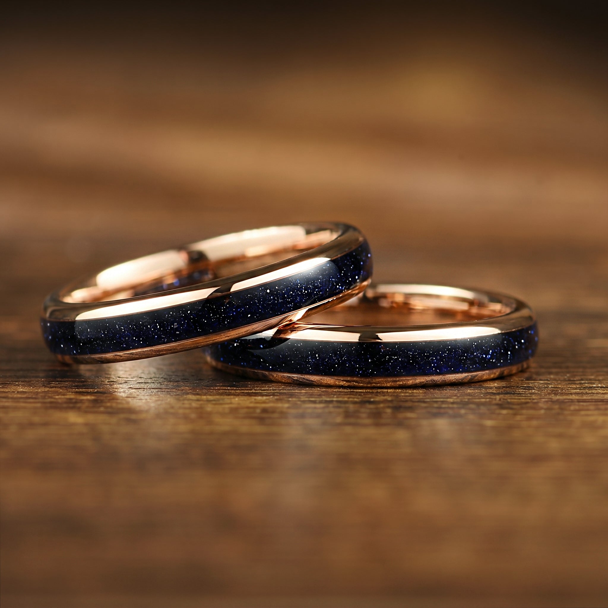 His her rings female band in rose gold tungsten with blue sandstone inlay