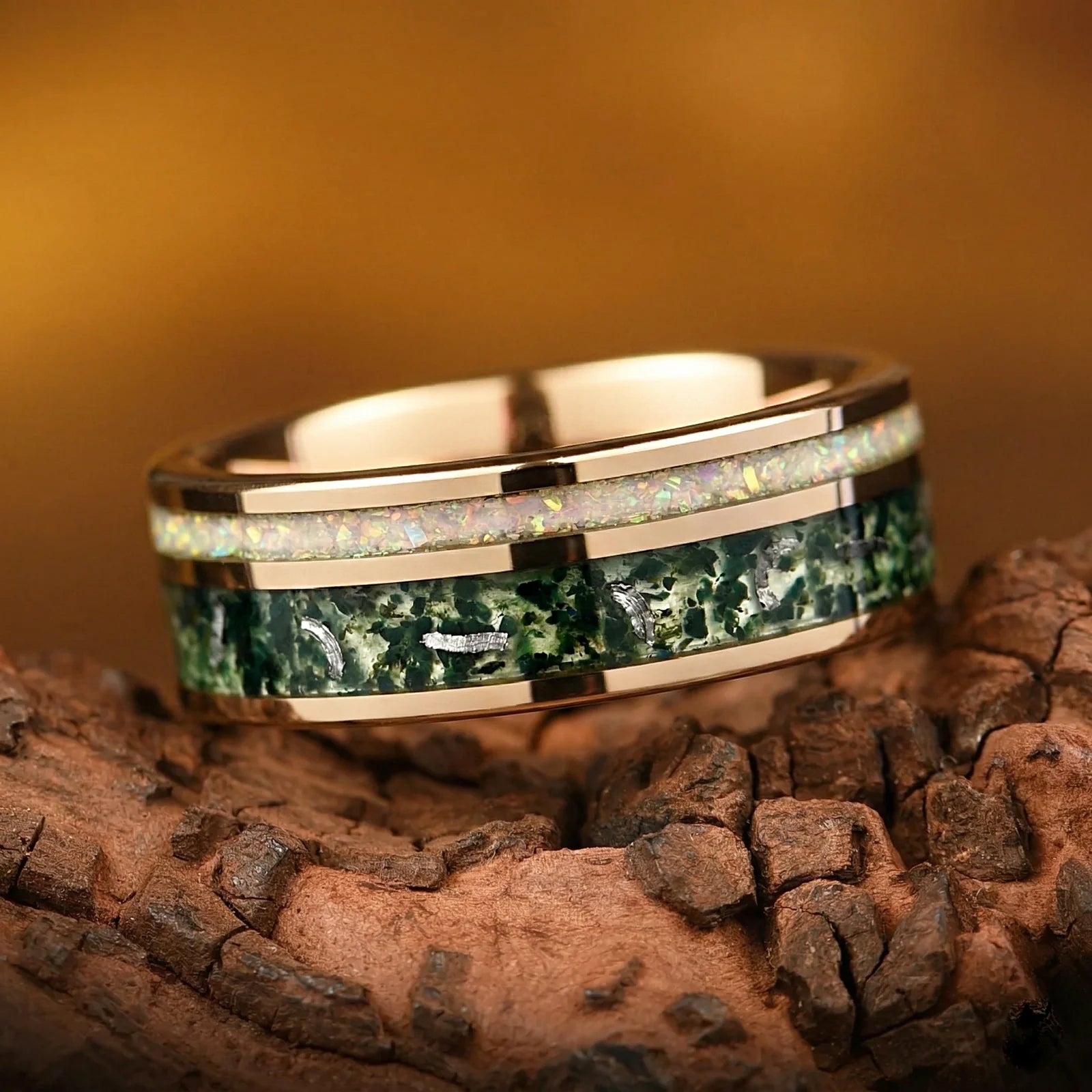 His her rings featuring meteorite male band and opal female ring