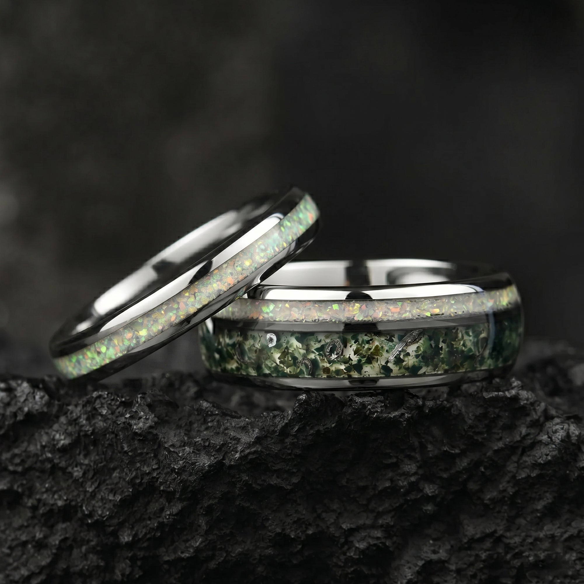 His her rings tungsten couple set with moss agate and opal design