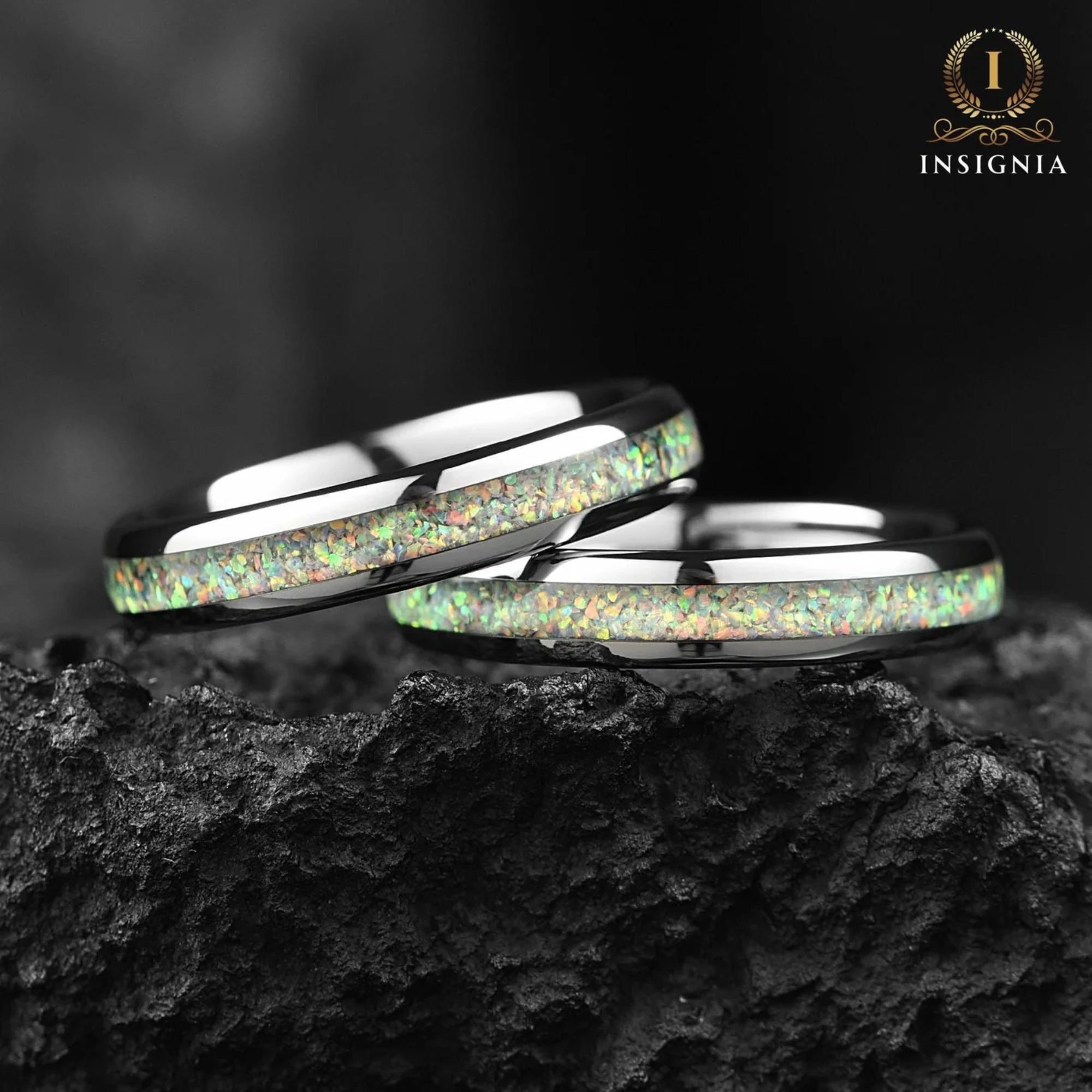His her rings tungsten couple set featuring moss agate and white fire opal detail