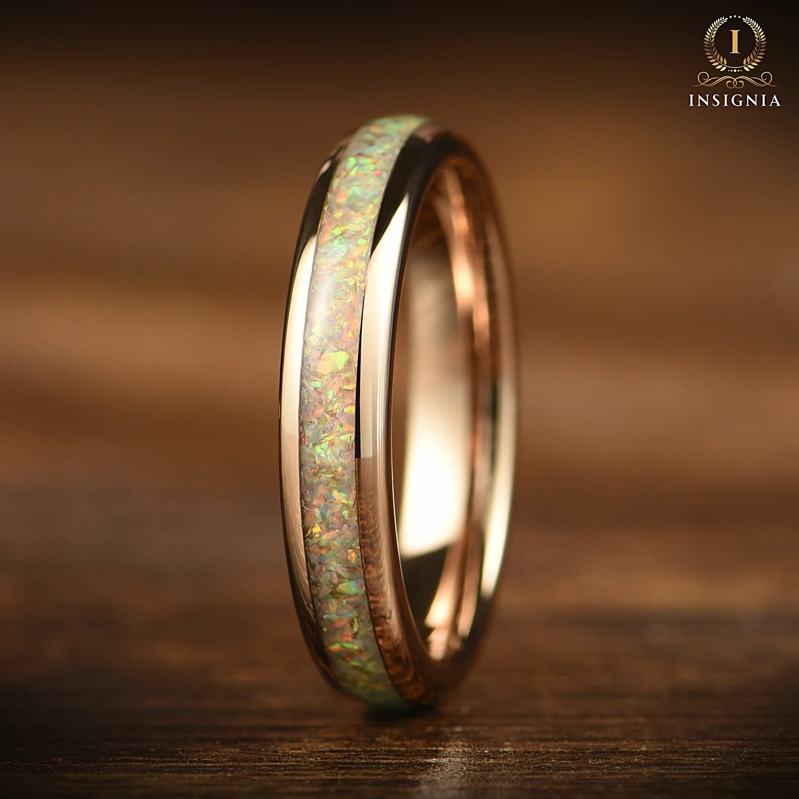 His her rings set featuring female opal band with slim 4mm design