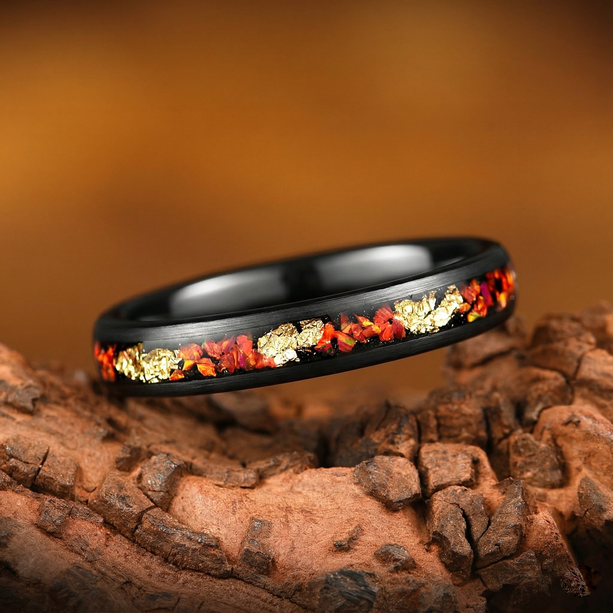 His and Hers Black Opal Ring Set with Gold Leaf Front View