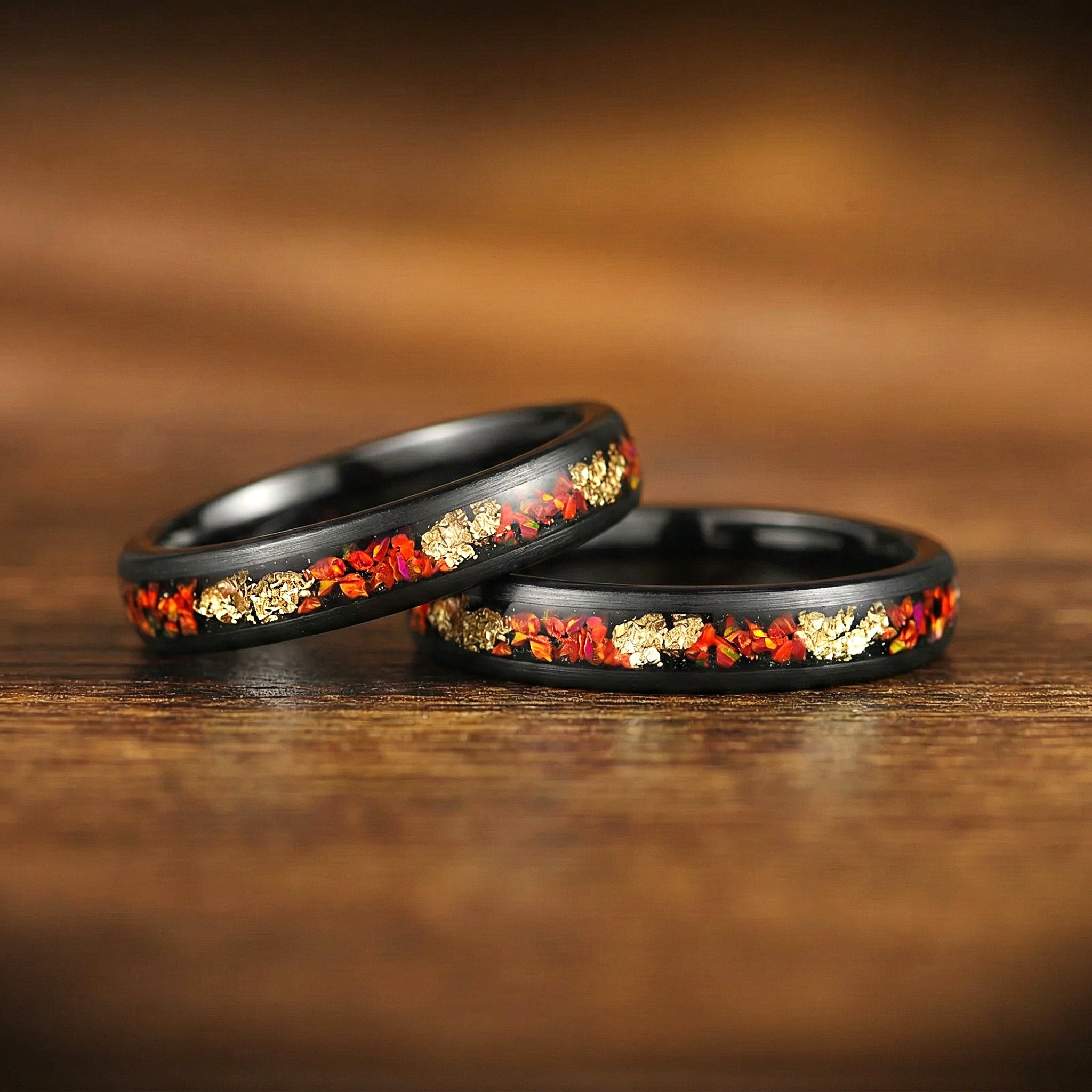 His and Hers Black Opal Ring Set with Gold Leaf Horizontal View
