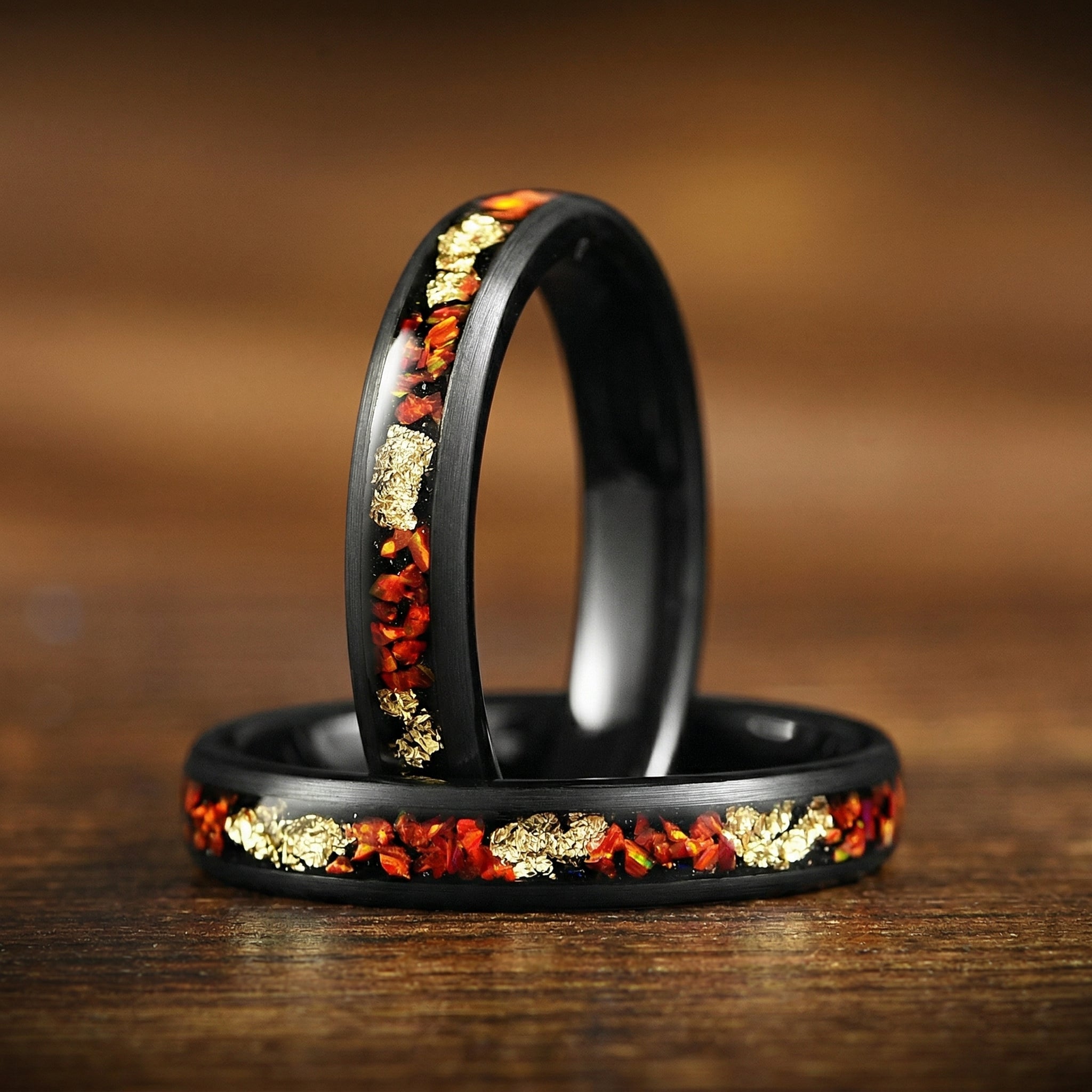 His and Hers Black Opal Ring Set with Gold Leaf Stacked View