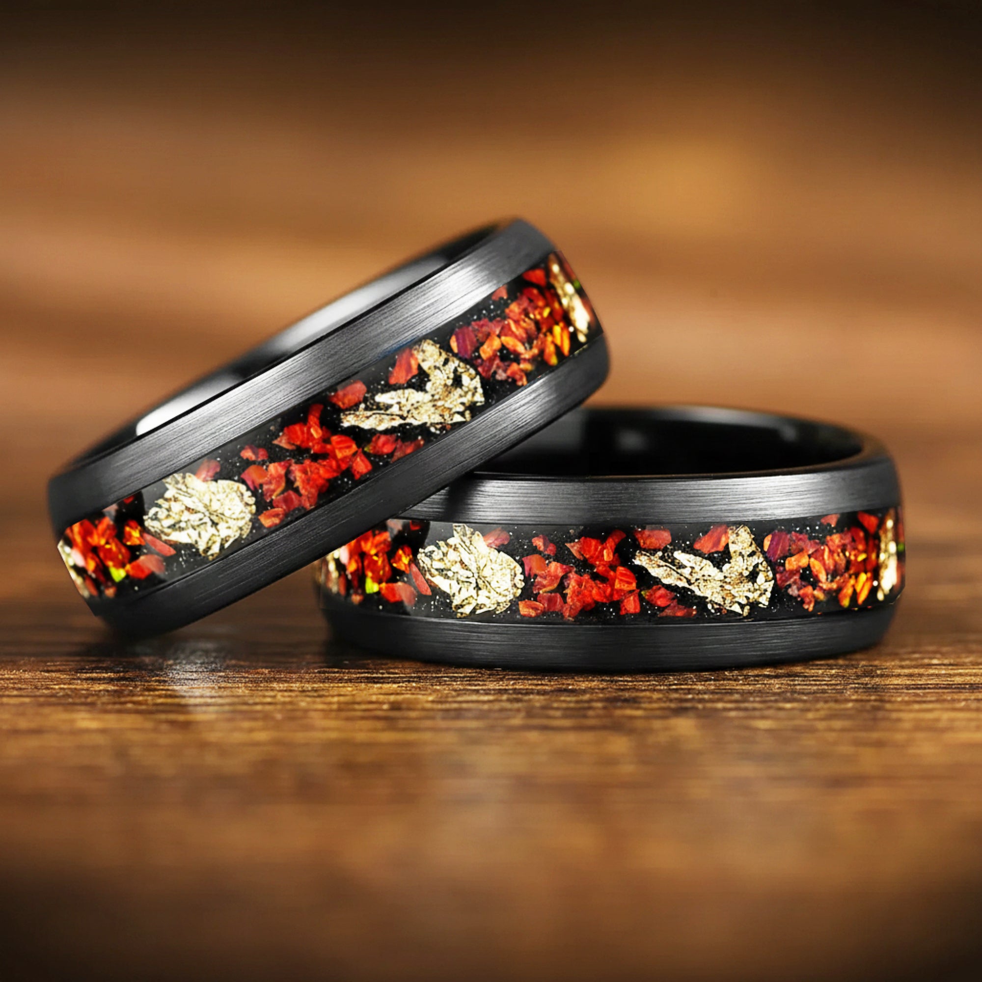 His and Hers Black Opal Ring Set with Gold Leaf Texture Detail