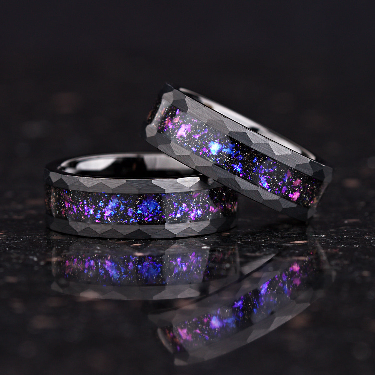 His and Hers Black Tungsten Wedding Rings with Orion Nebula Design Close Up View