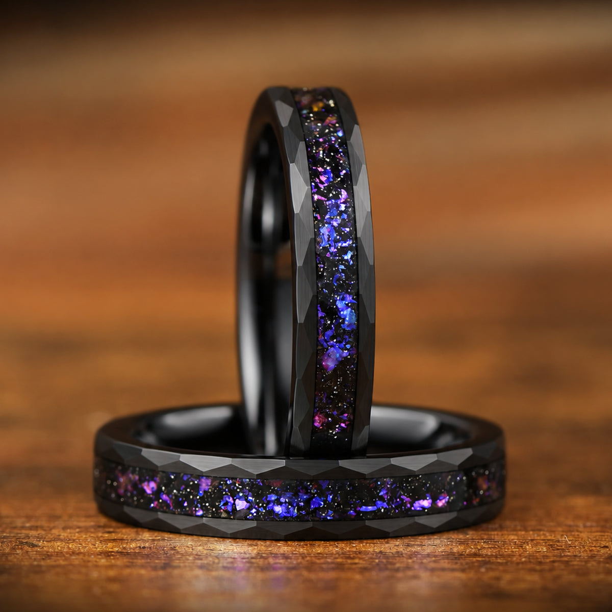His and Hers Black Tungsten Wedding Rings with Orion Nebula Design Detail View