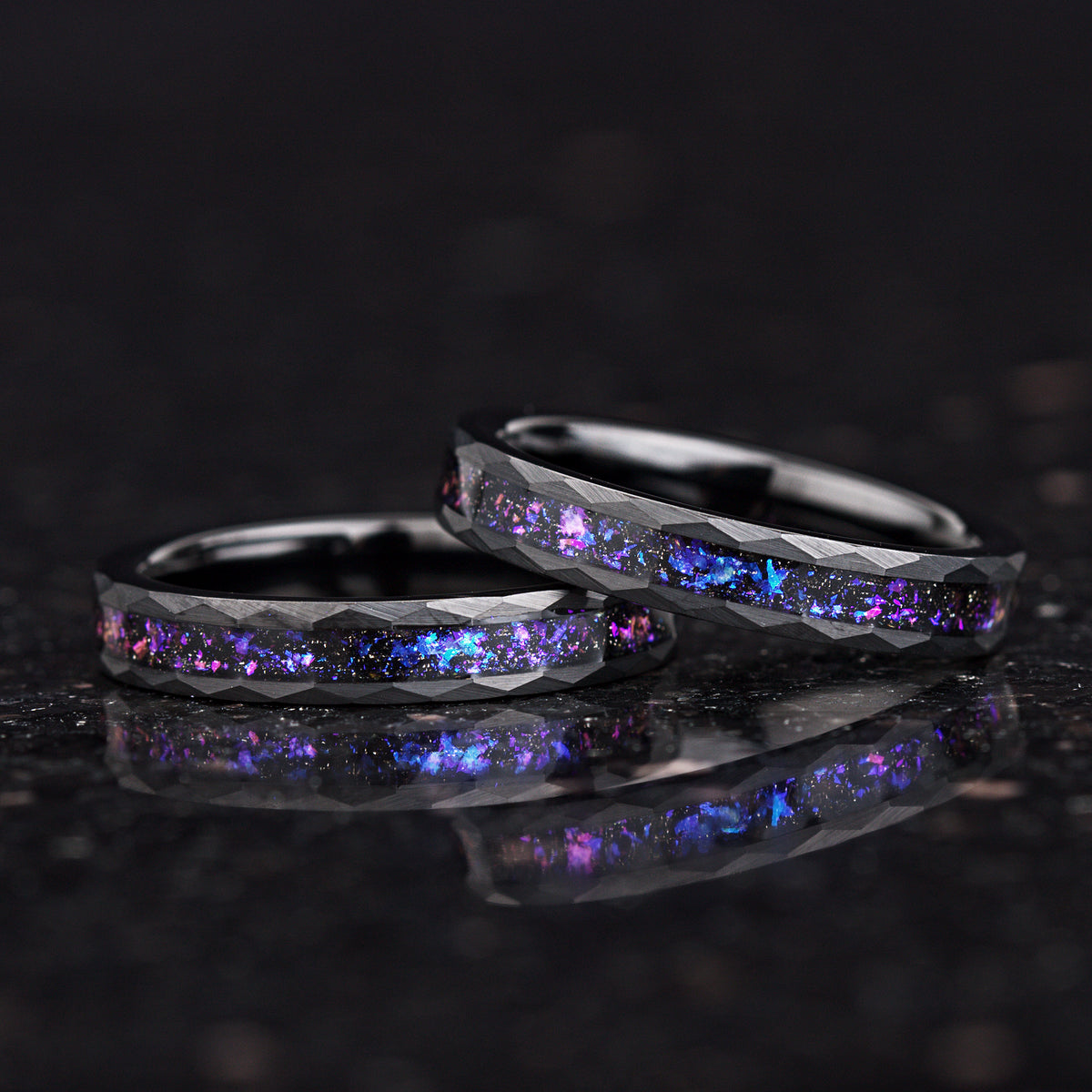 His and Hers Black Tungsten Wedding Rings with Orion Nebula Design Detail View
