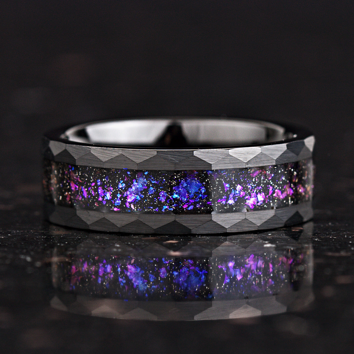side His and Hers Black Tungsten Wedding Rings with Orion Nebula Design Flat View