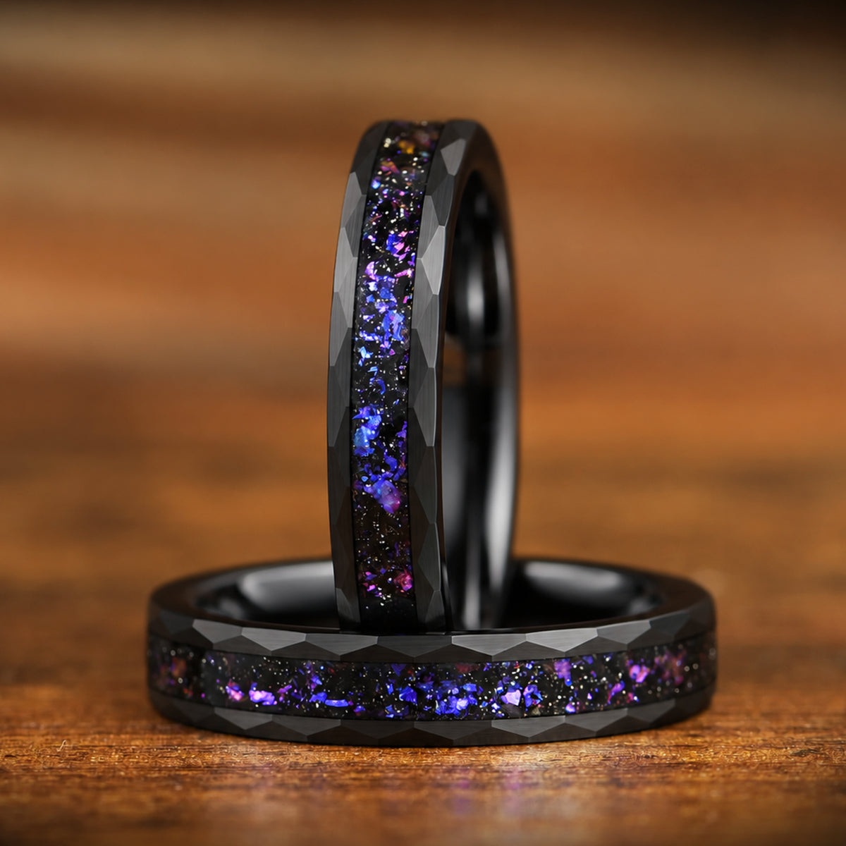 His and Hers Black Tungsten Wedding Rings with Orion Nebula Design Front View