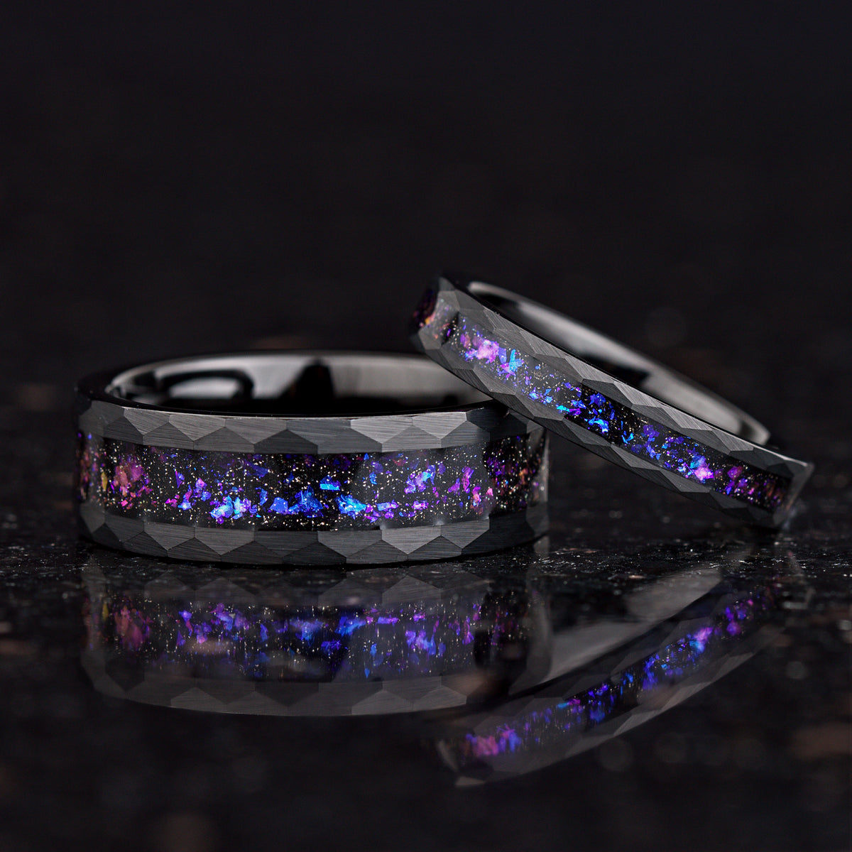 His and Hers Black Tungsten Wedding Rings with Orion Nebula Design Main View